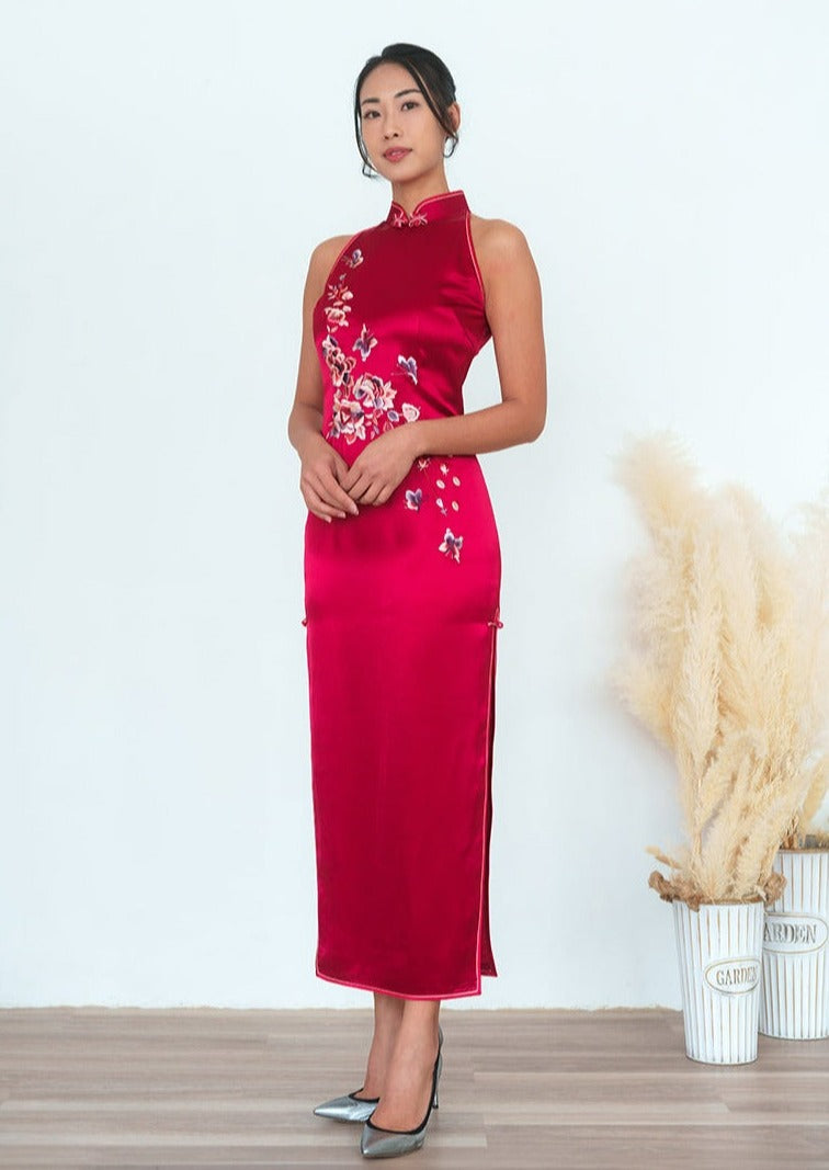 Halter Satin Qipao w Floral Embroidery Qipology Halter Satin Qipao w Floral Embroidery Qipology