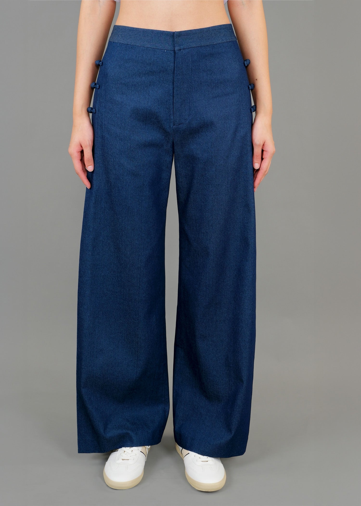 Wide Leg Pleated Denim Pants (Dark Blue)