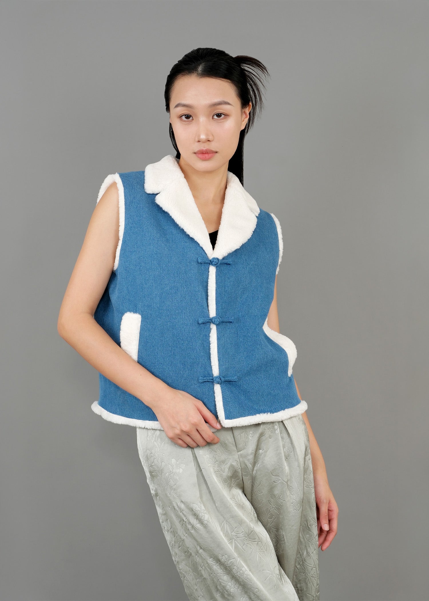 Denim Shearling Tang Vest (Blue)