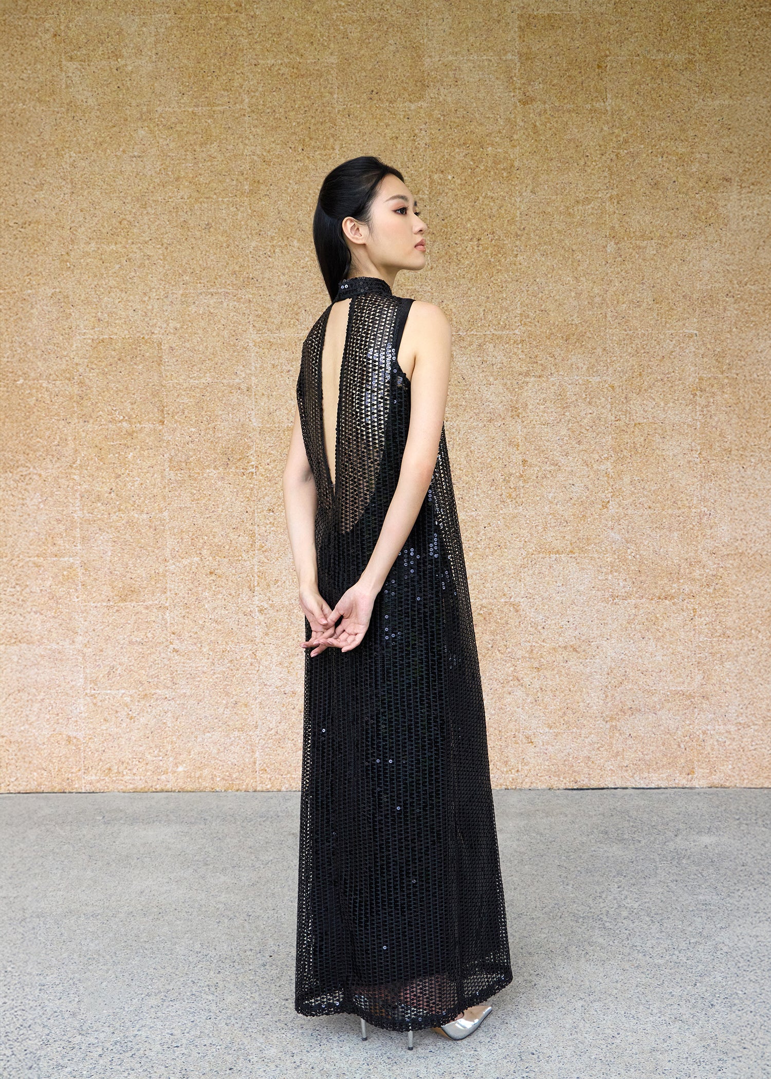 Two Piece Set - Lace & Slip Qipao (Black)