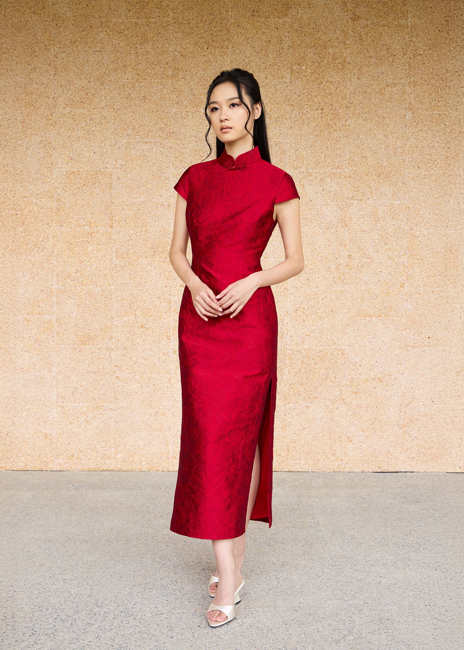 Cap Sleeve Cut Out Back Brocade Qipao