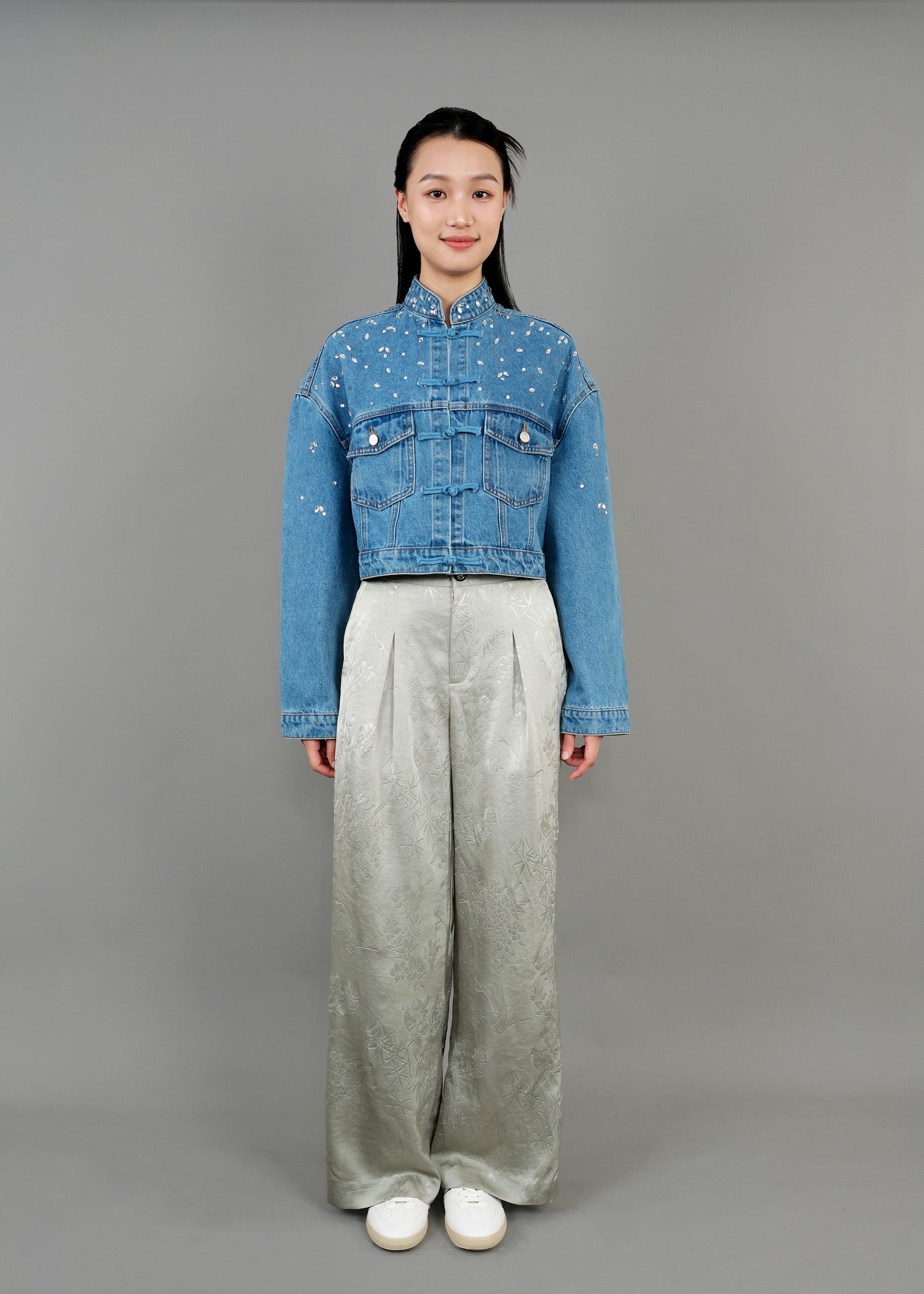 Cropped Denim Tang Jacket w Crystals (Blue)