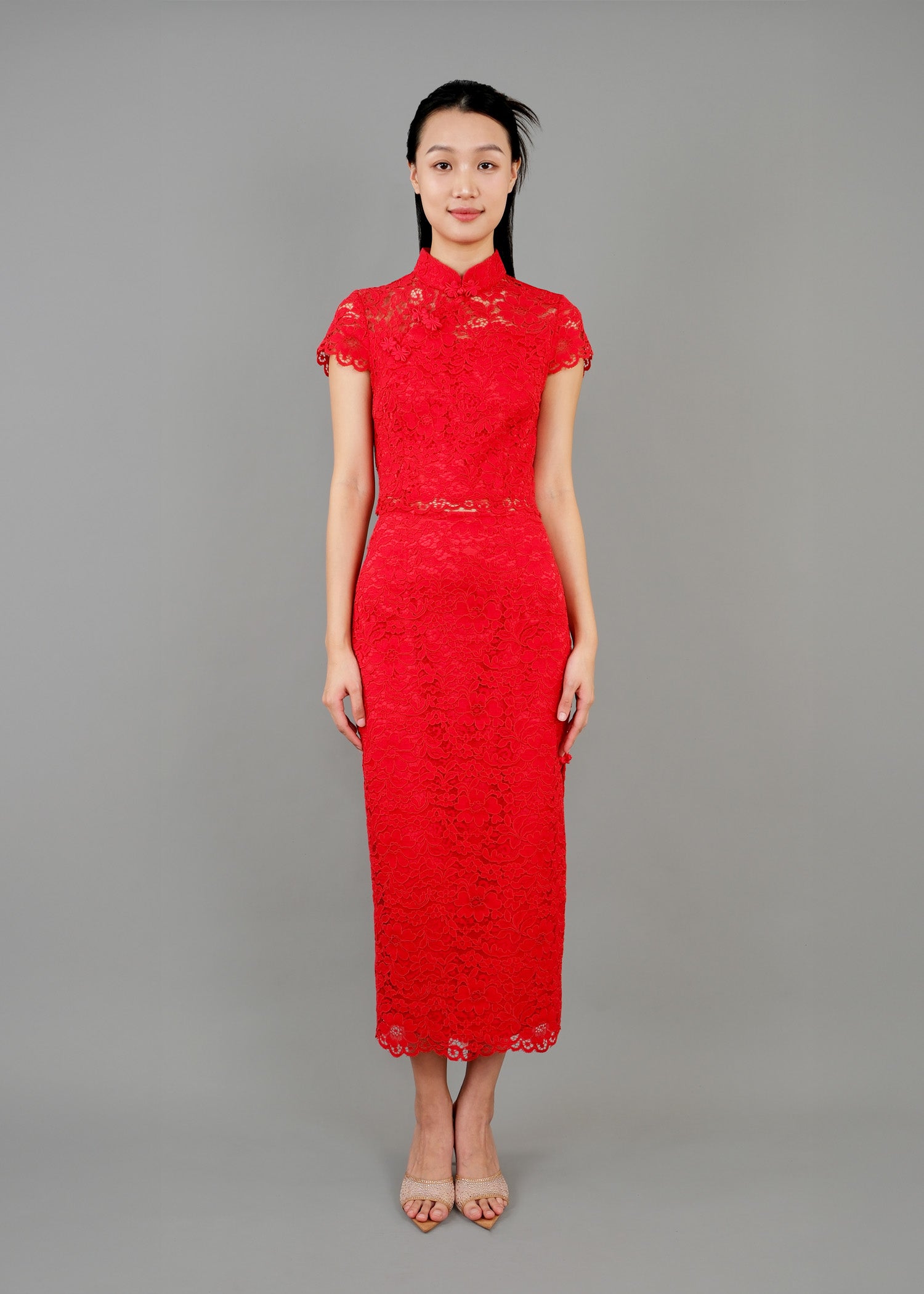 Rosemist Qipao Lace Top w Midi Skirt Set (Red) - RTW