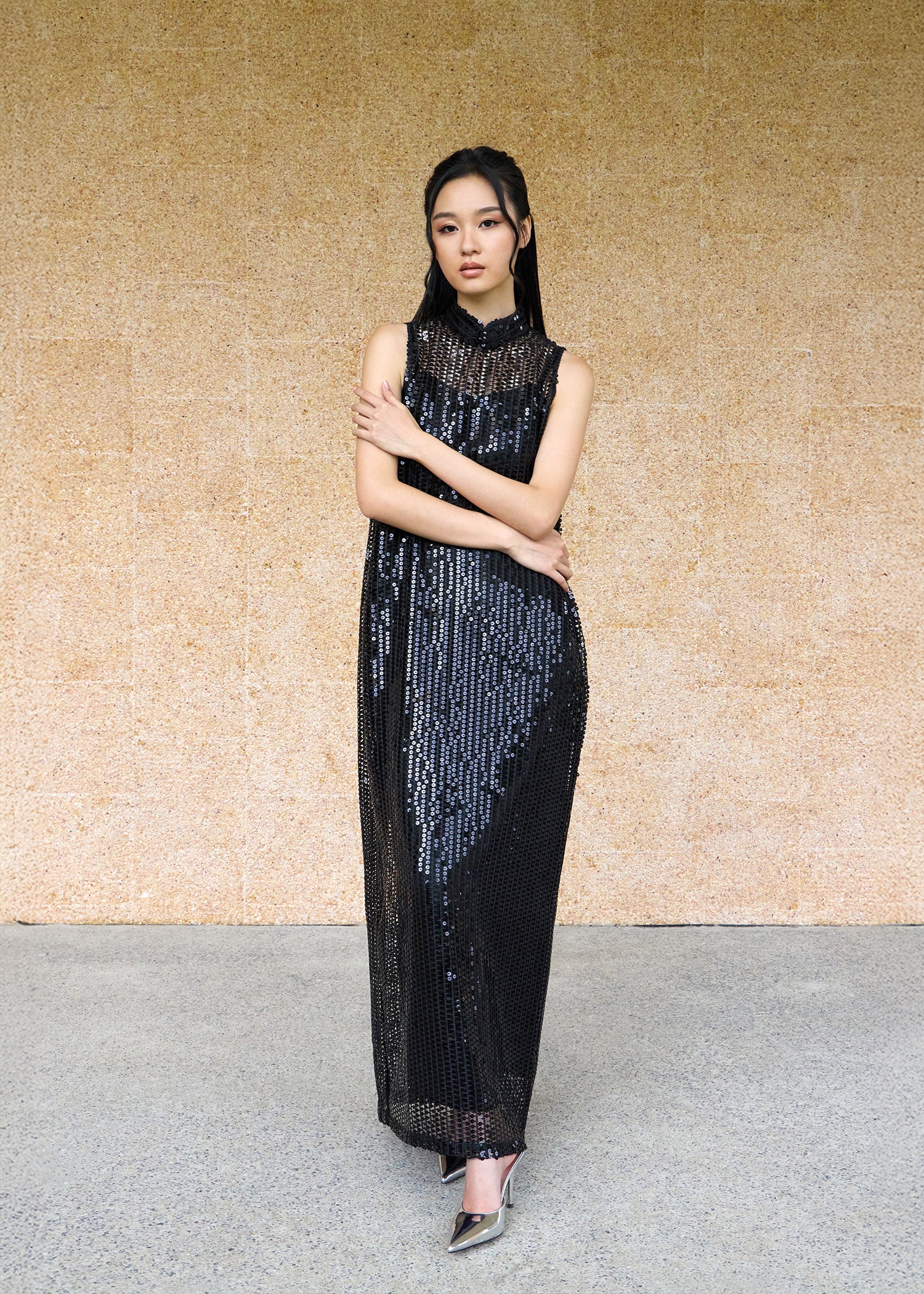 Two Piece Set - Lace & Slip Qipao (Black)