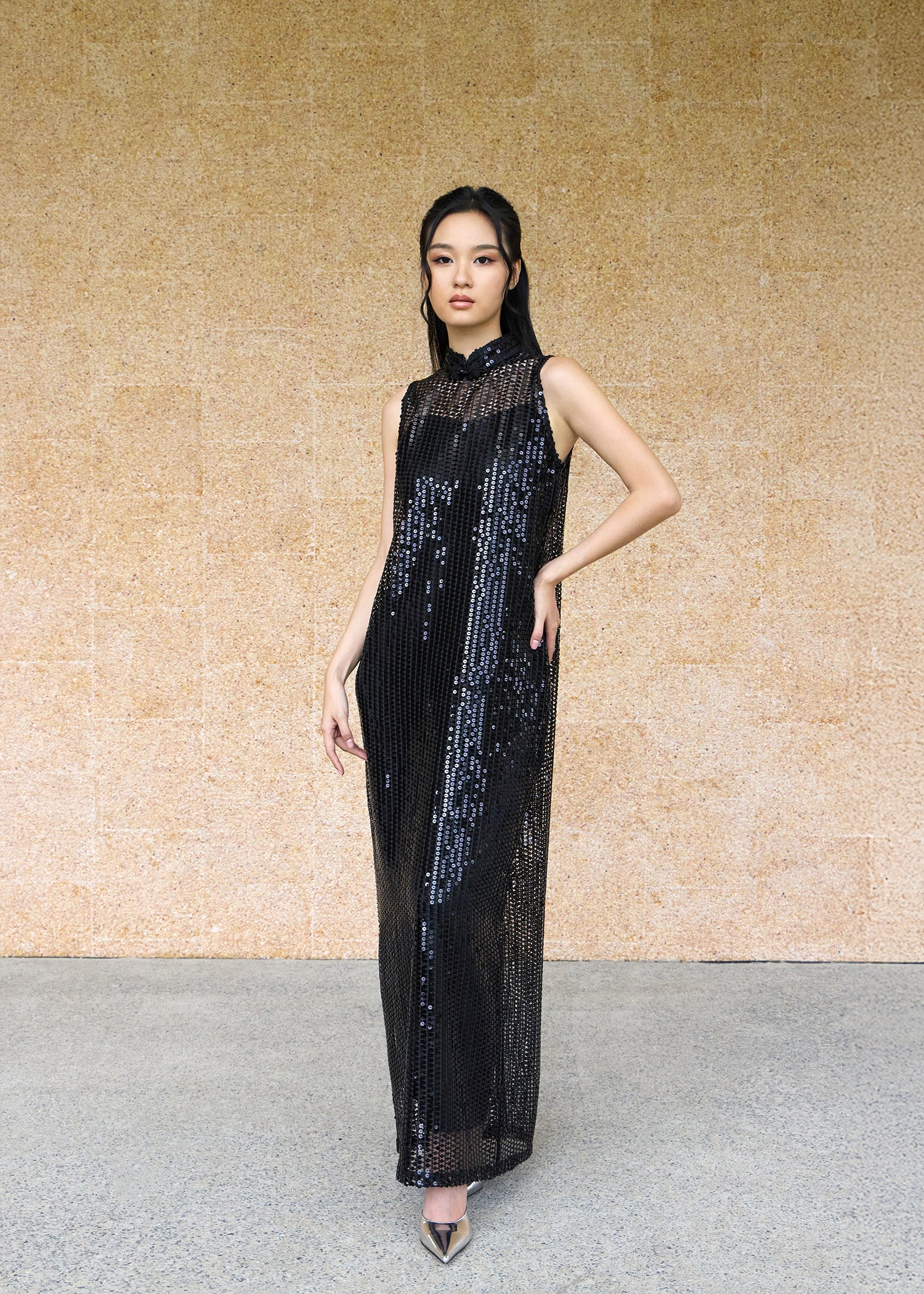 Two Piece Set - Lace & Slip Qipao (Black)