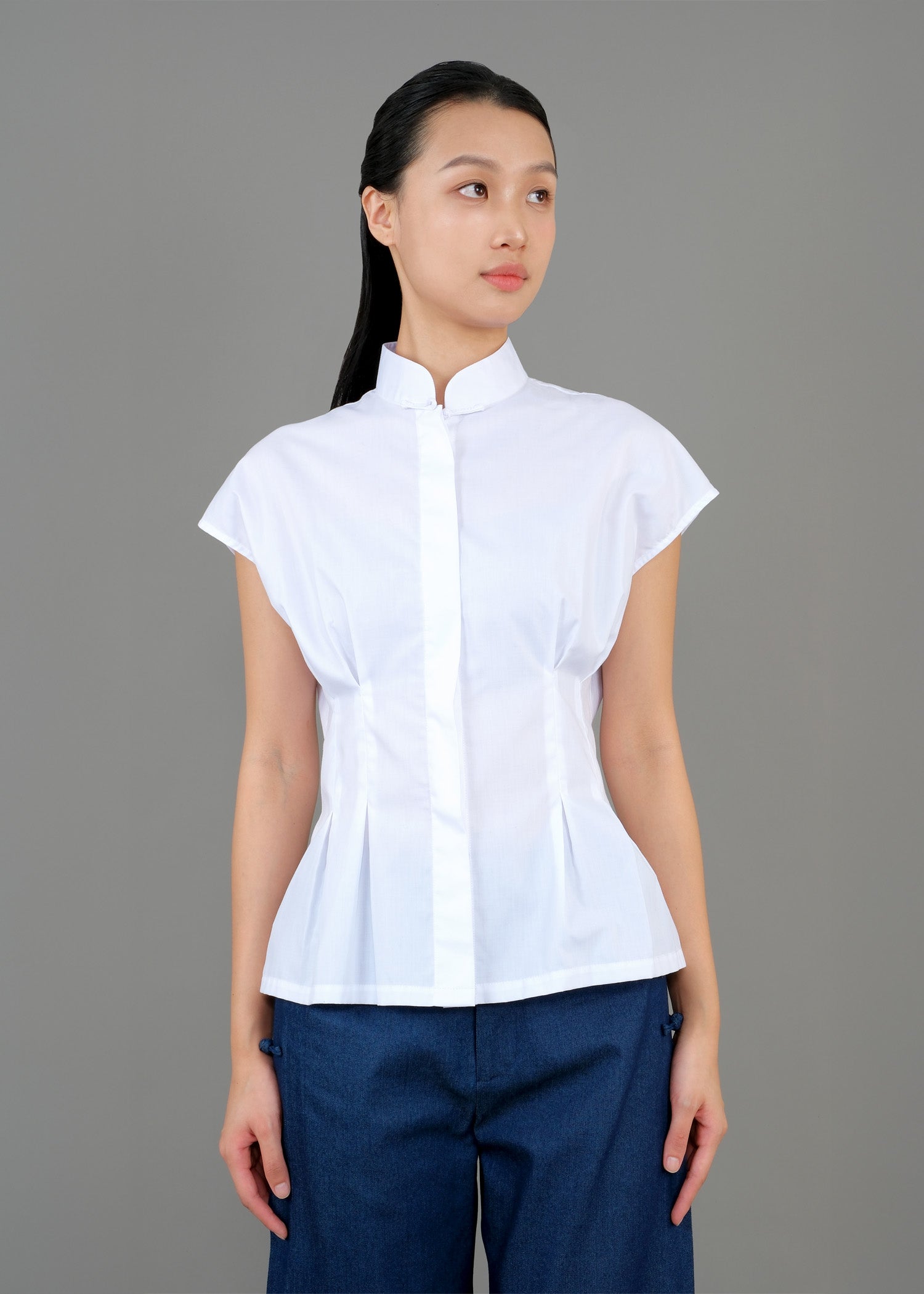 連肩袖立領襯衫 (白色)