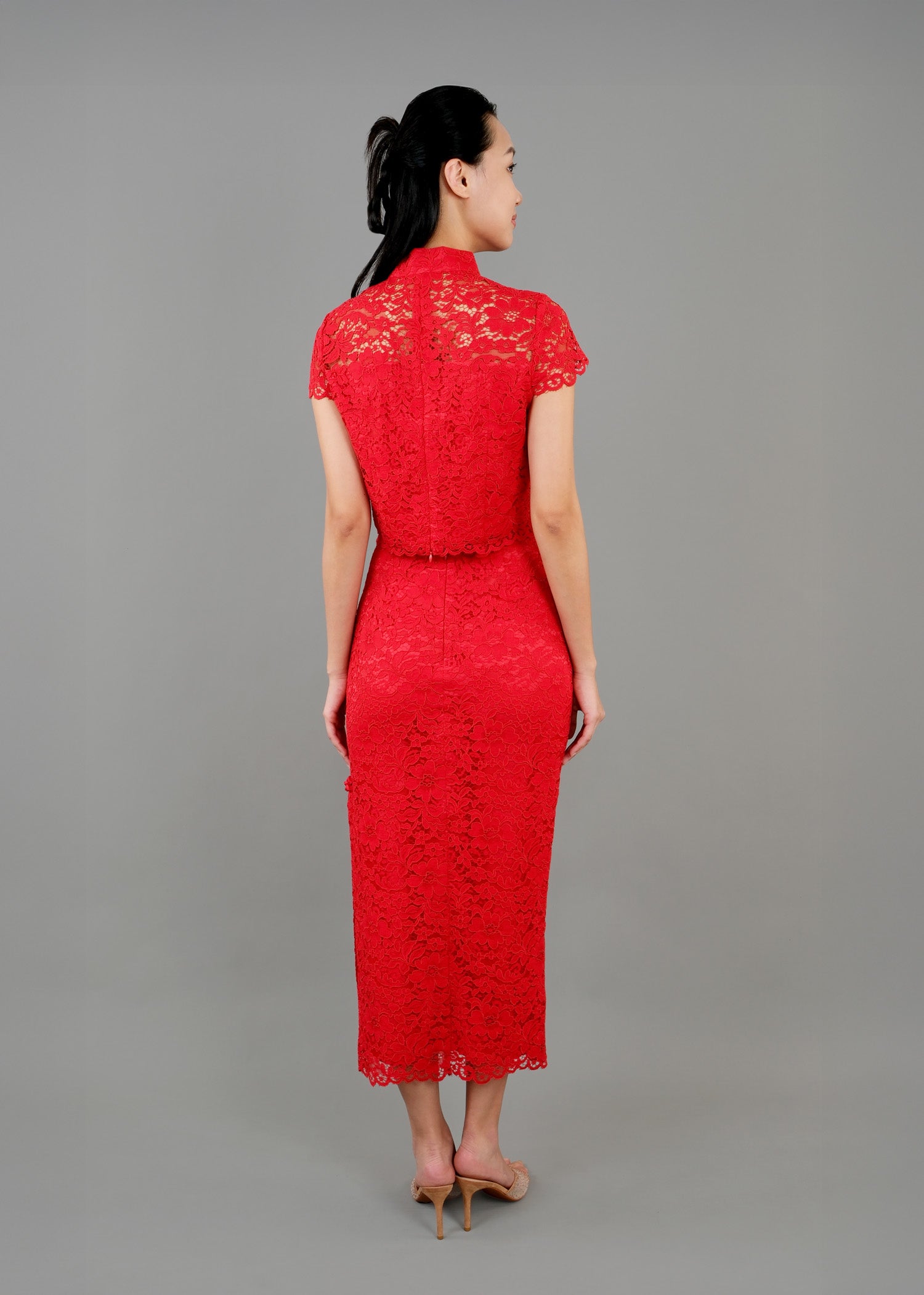 Rosemist Qipao Lace Top w Midi Skirt Set (Red) - RTW