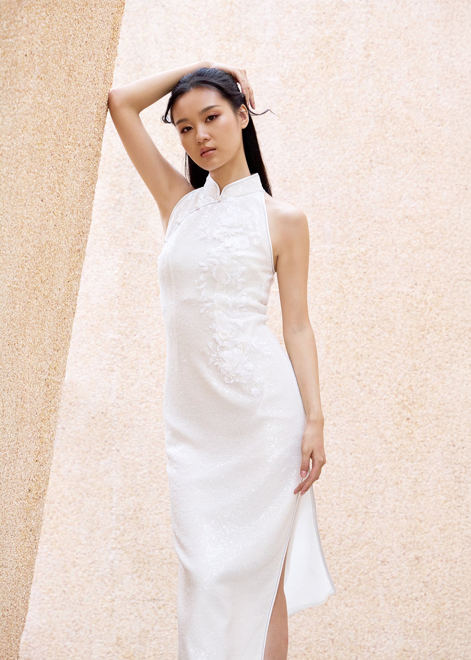 Allover Sequins Halter Qipao w Floral Applique