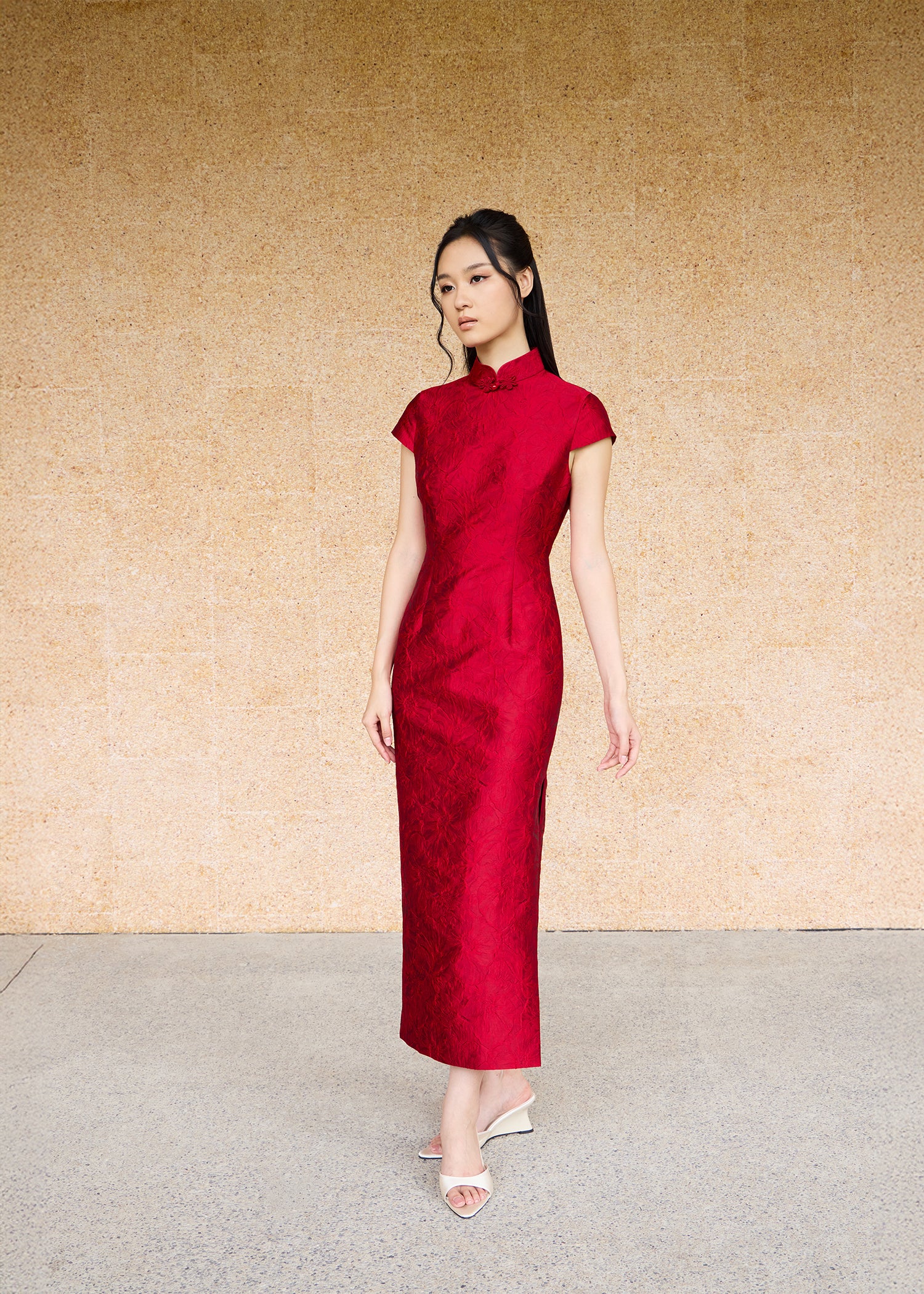 Cap Sleeve Cut Out Back Brocade Qipao