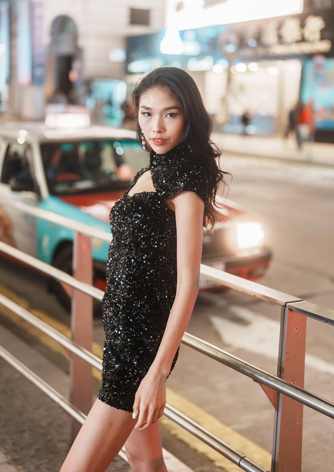 Black Spring Sequinned Cut Out Qipao
