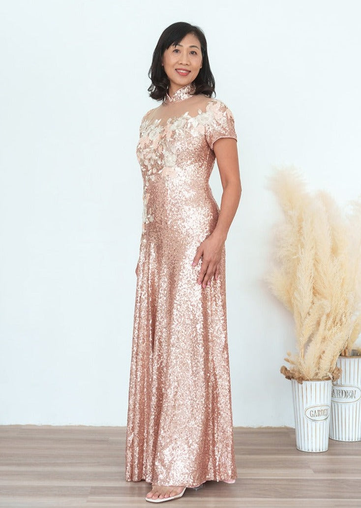 Cap Sleeves Sequins A line Qipao Gown