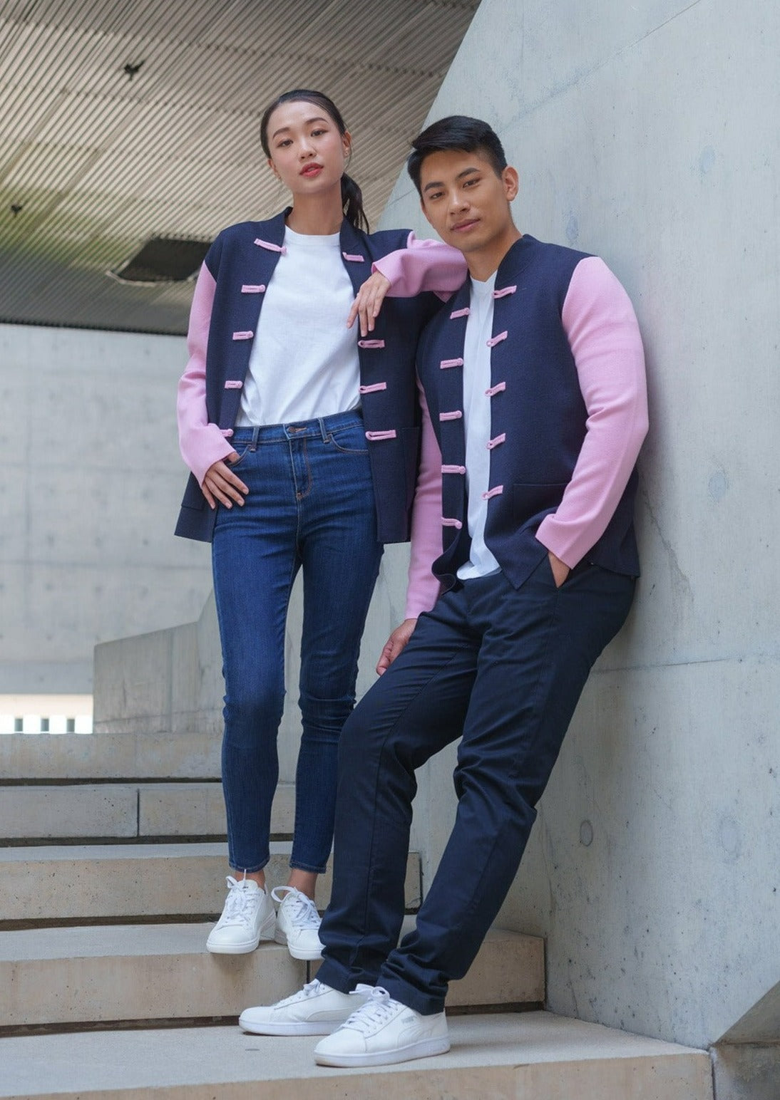 Color Block Knit Tang Jacket Dark Blue Pink Qipology color-block-knit-tang-jacket-dark-blue-pink-qipology