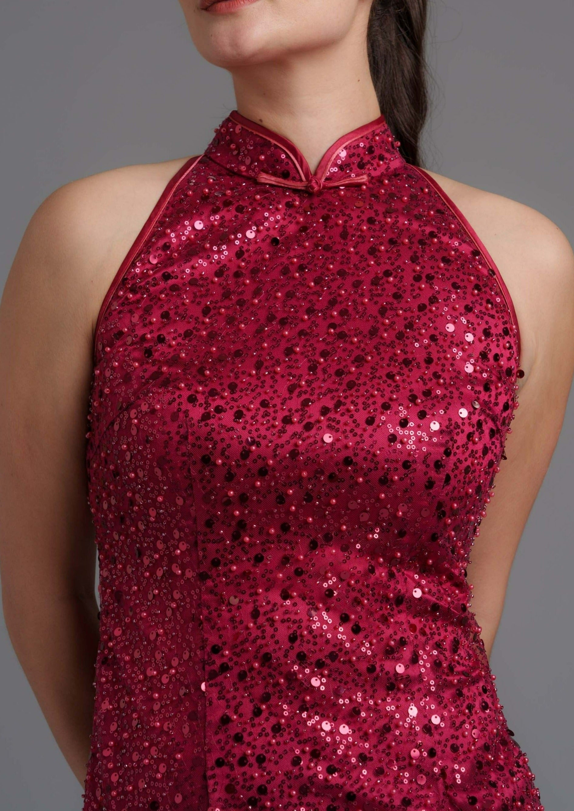 Cineraria All Over Sequins Halter Qipao (Deep Red) - RTW