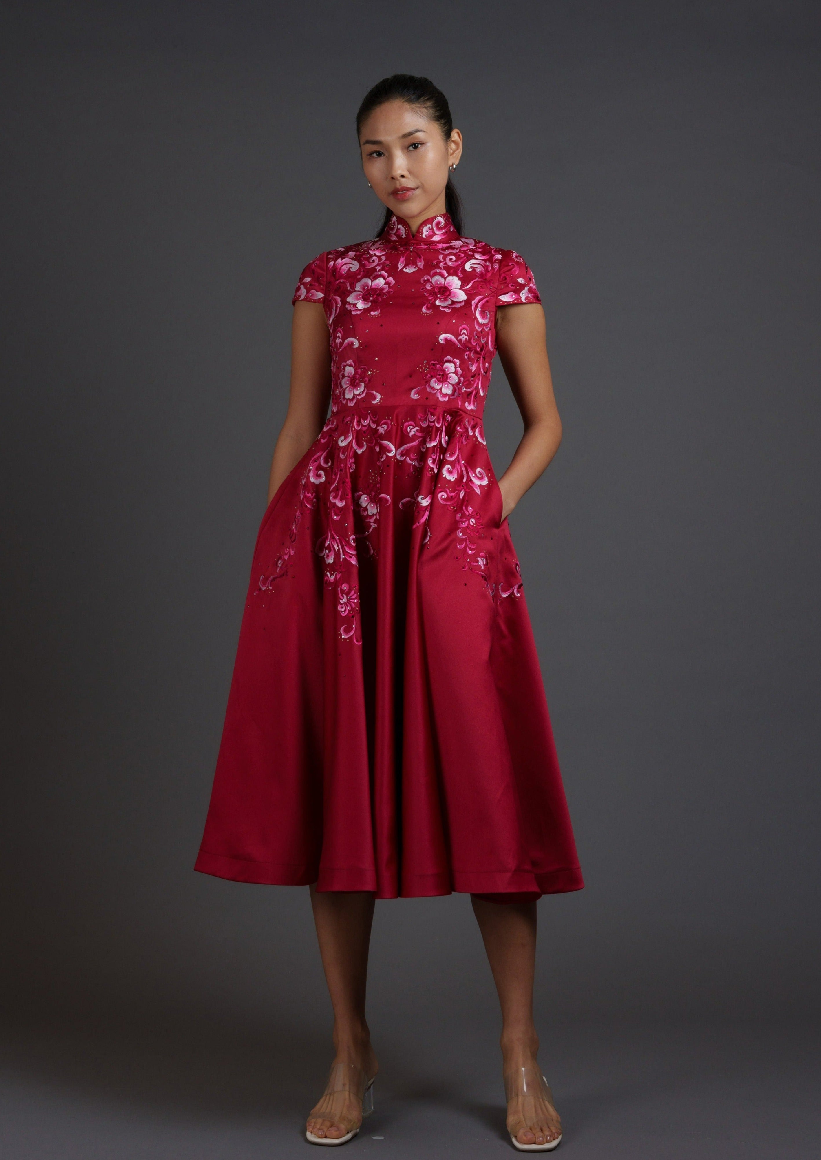 Belladonna Lily Cap Sleeves Embroidered A Line Qipao - RTW