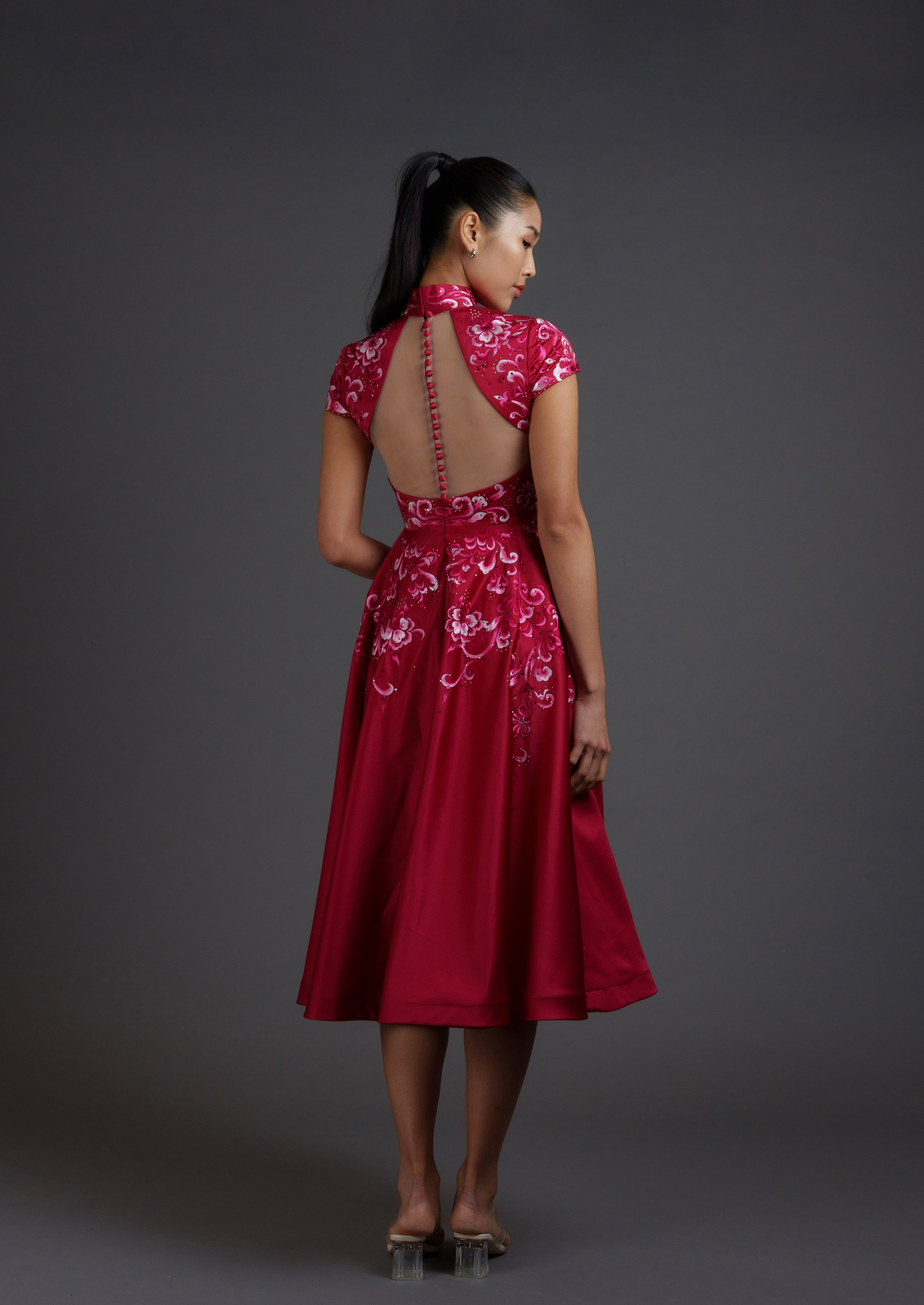 Belladonna Lily Cap Sleeves Embroidered A Line Qipao - RTW