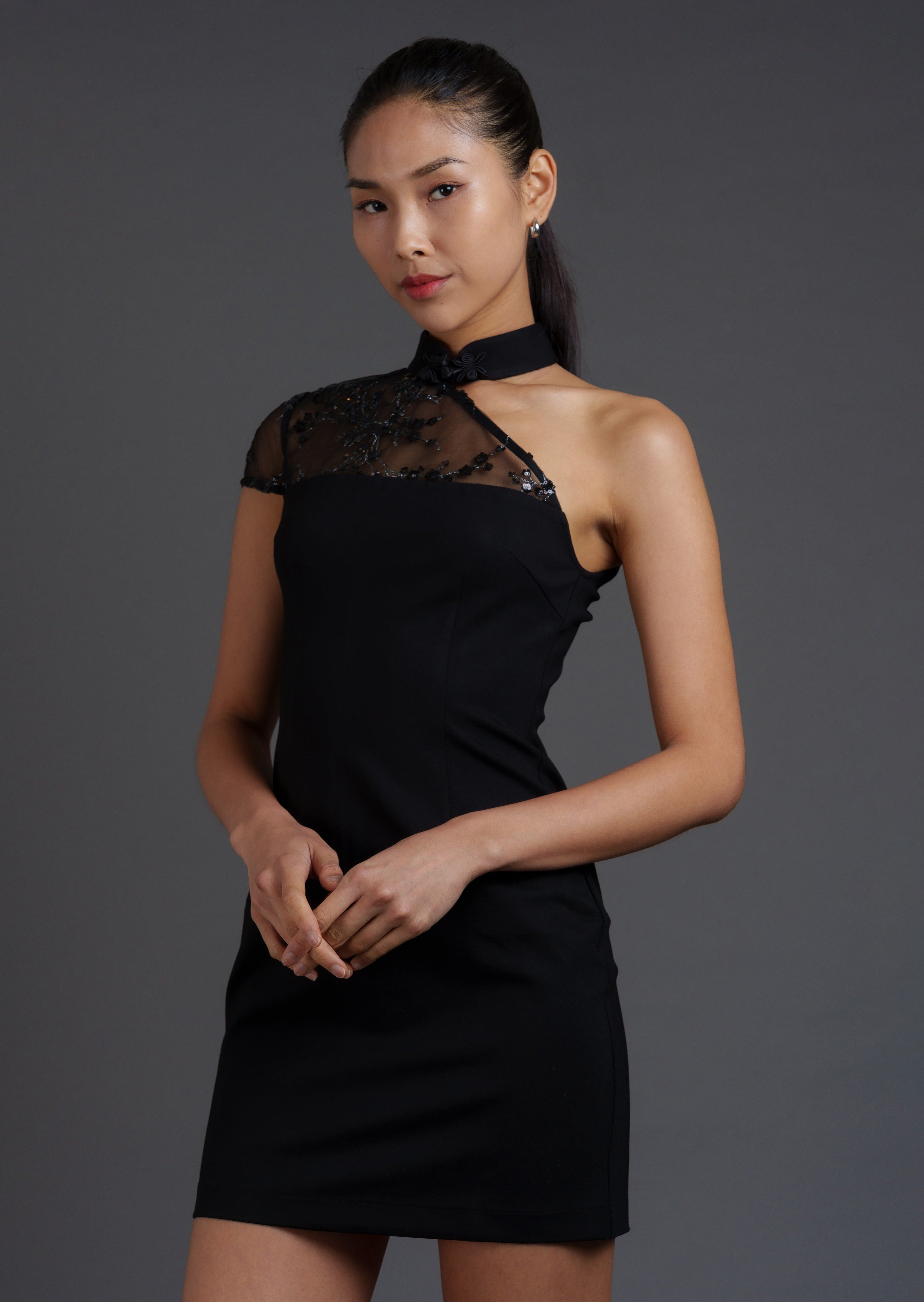 Black Rose Asymmetrical Lace Mini Qipao
