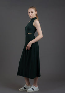 Halter Knitted Cut Out A-line Midi Qipao (Forest Green)
