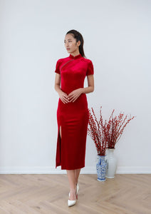 Forget Me Not Velvet Qipao Bridal Dress (Red)