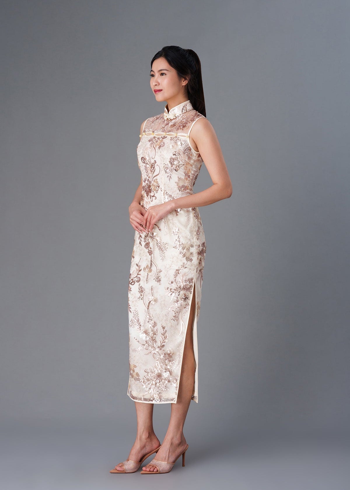 modern qipao prom dress Puff Sleeve Floral Emboidery Cheongsam Top Chinese Prom Dress with Pleated Skirt
