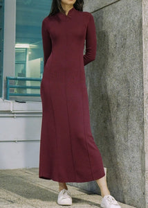 Long Sleeves Open Back Knitted Qipao (Burgundy)