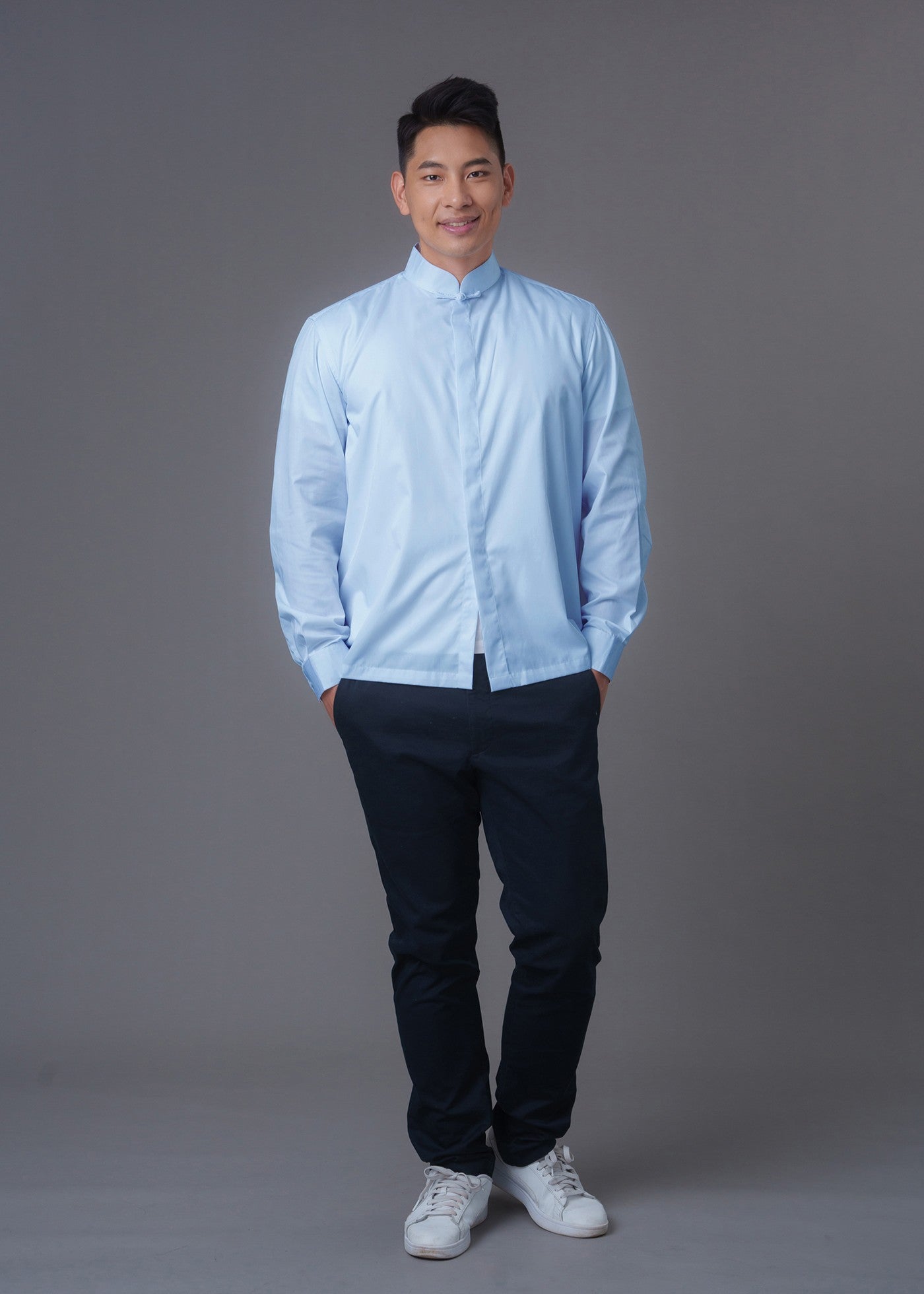 Men's Formal Tang Shirt w Frog Button (Light Blue)