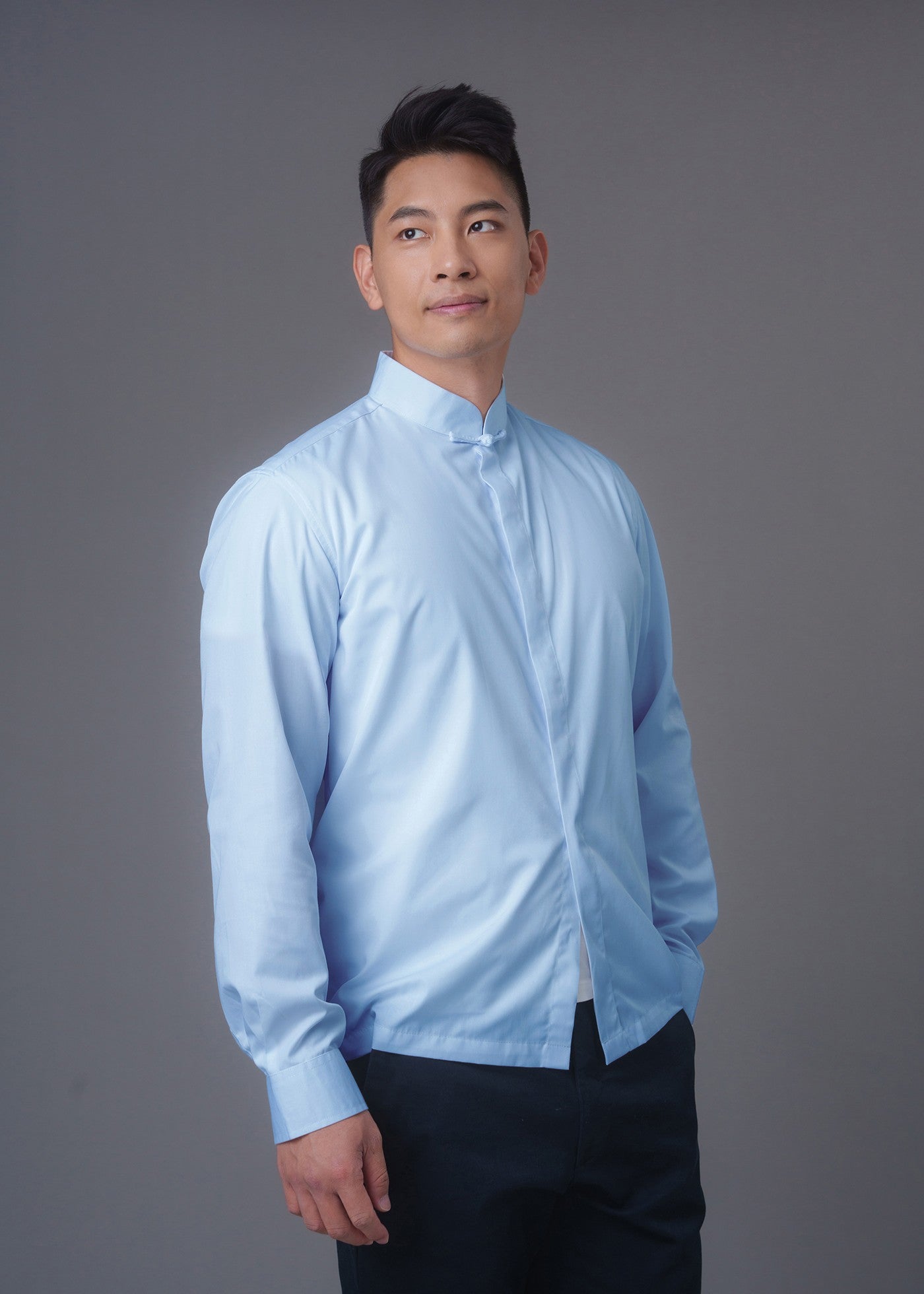 Men's Formal Tang Shirt w Frog Button (Light Blue)
