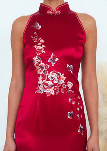 Halter Satin Qipao w Floral Embroidery