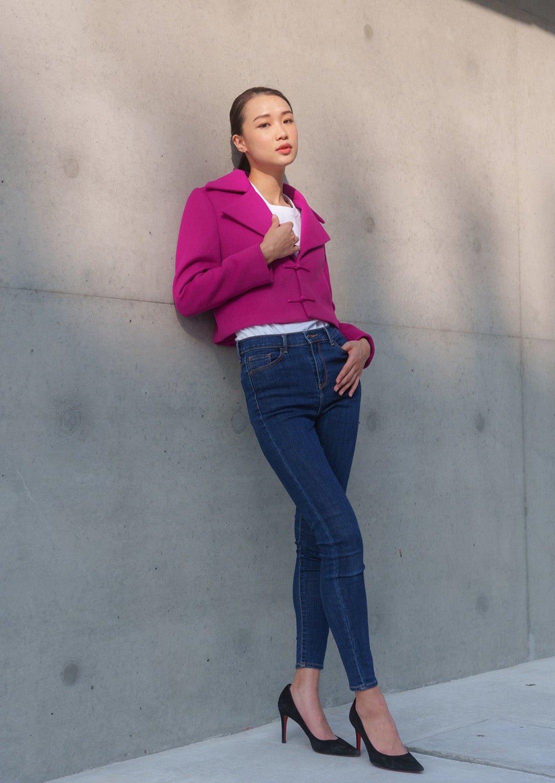 Roseate Luxe Lambswool Cropped Tang Jacket (Fuchsia)