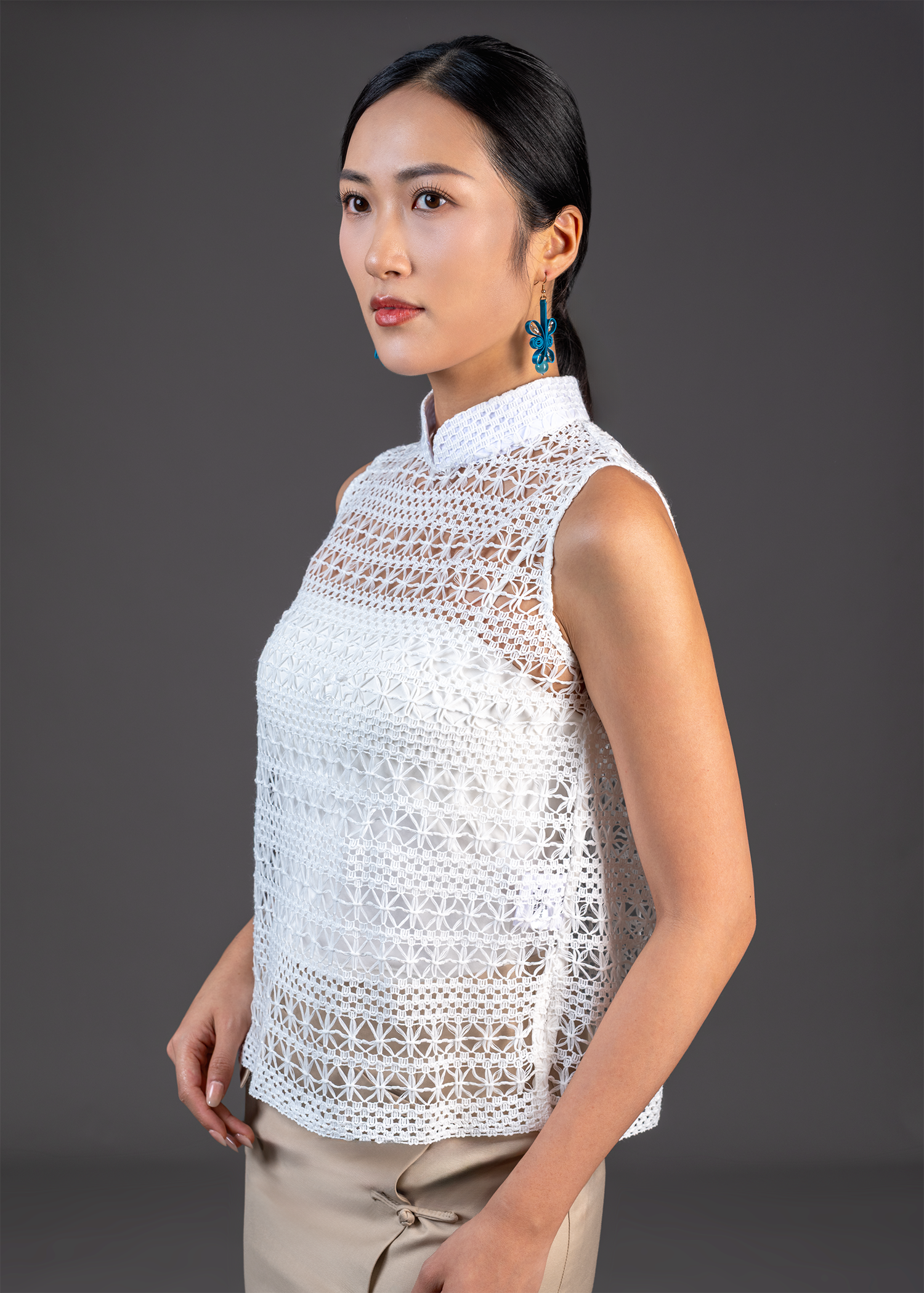 無袖鉤針式旗袍上衣 (米色)