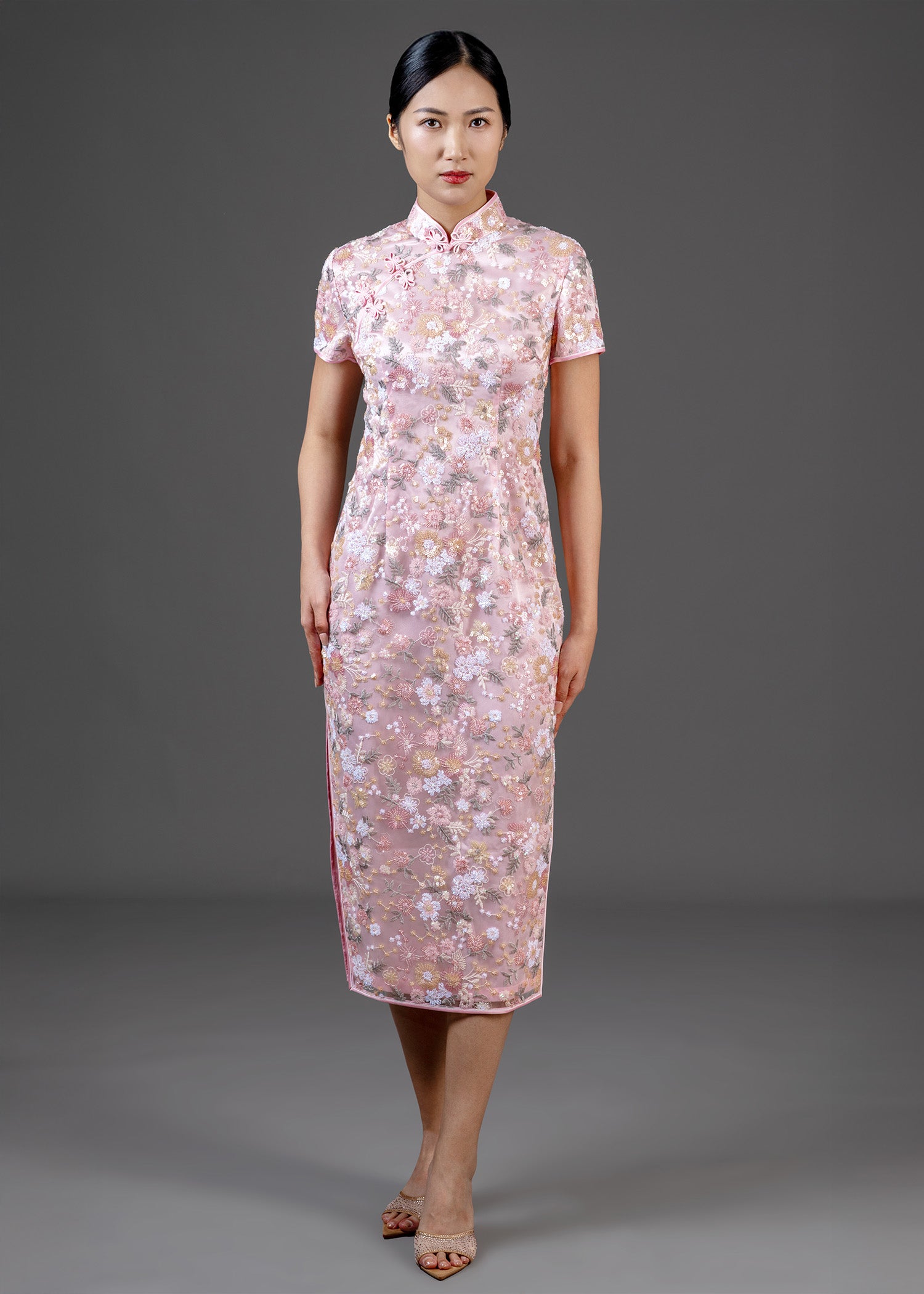 Short Sleeves Lace Qipao (Pink)