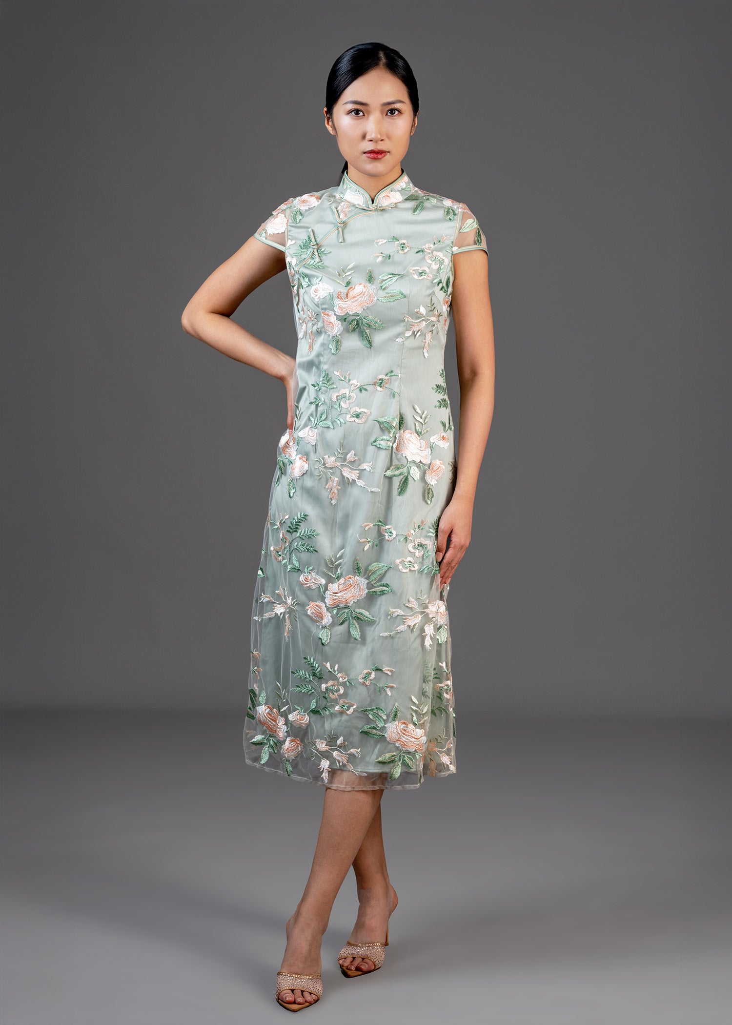 小鳳仙袖A字蕾絲旗袍 (綠色)