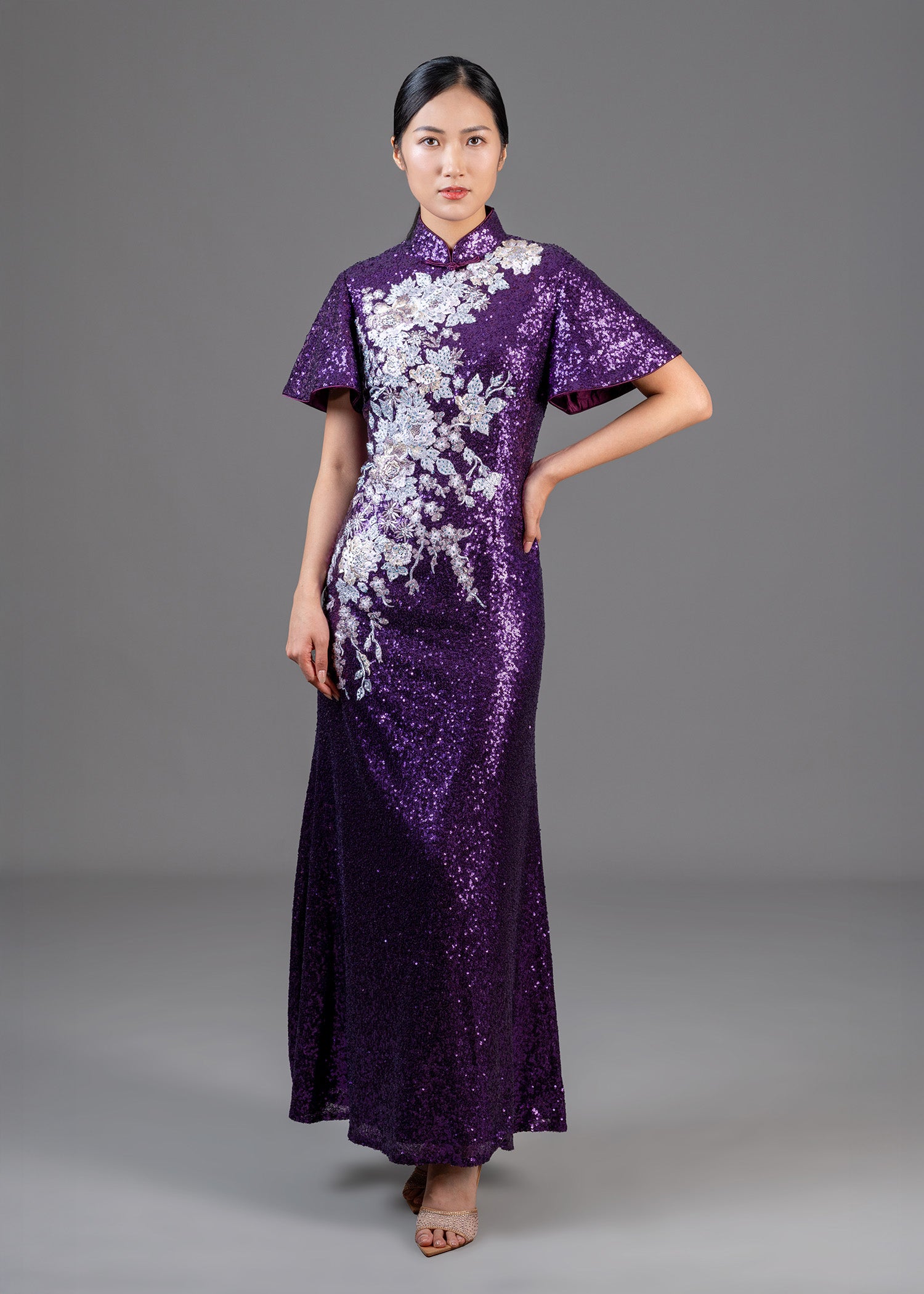 杜鵑花飄袖珠片旗袍