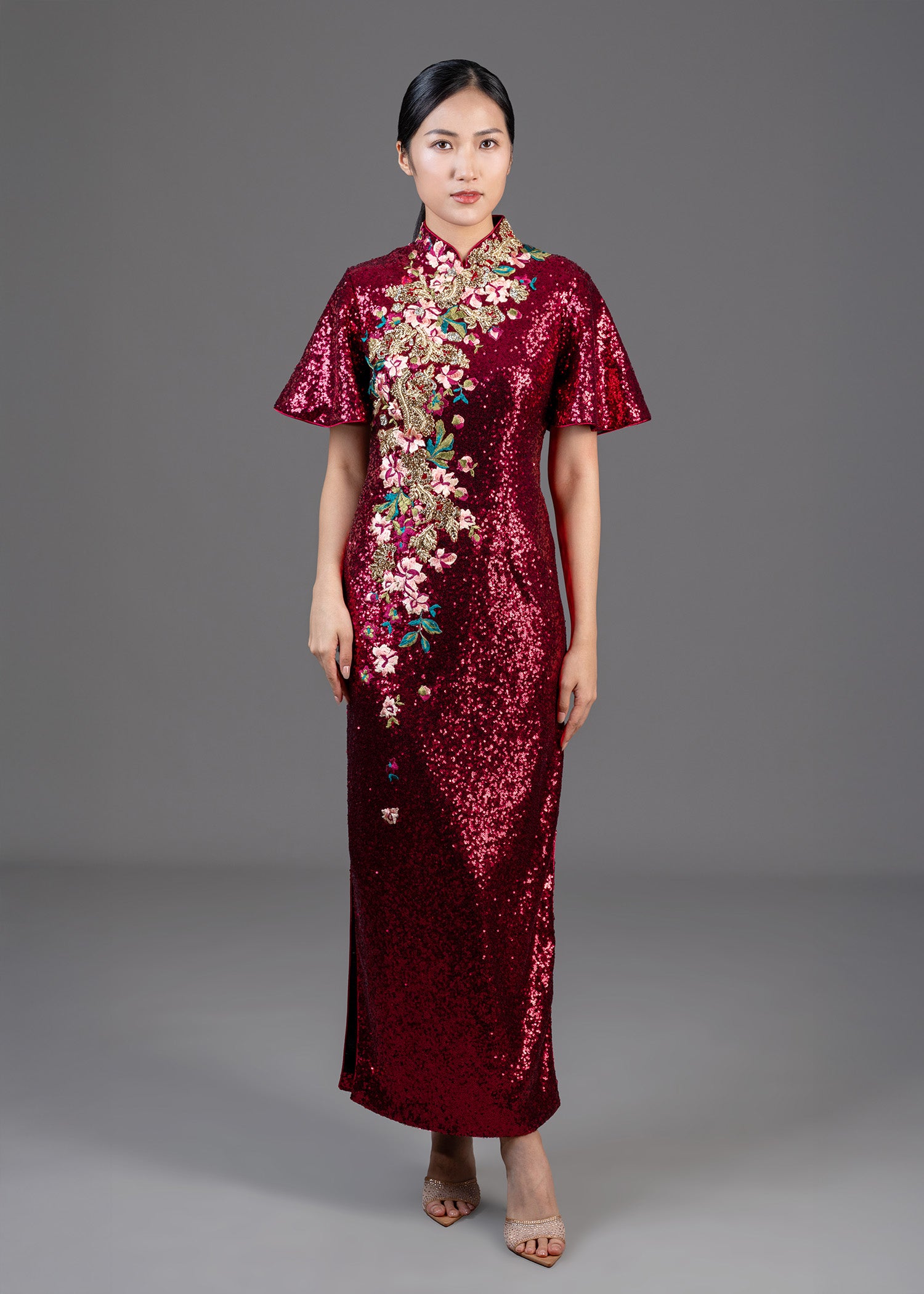 Flutter Sleeves Sequin Qipao w Embellishments (Red)