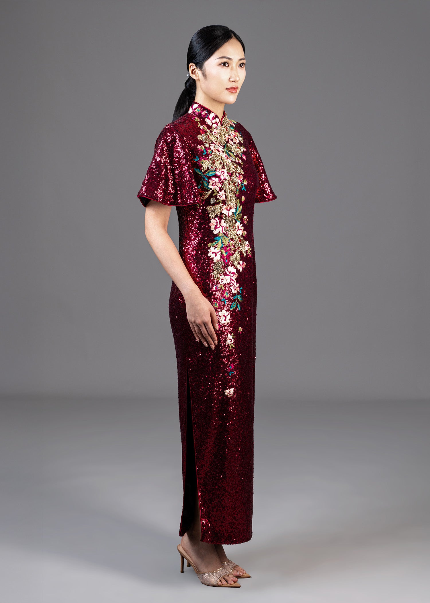 Flutter Sleeves Sequin Qipao w Embellishments (Red)