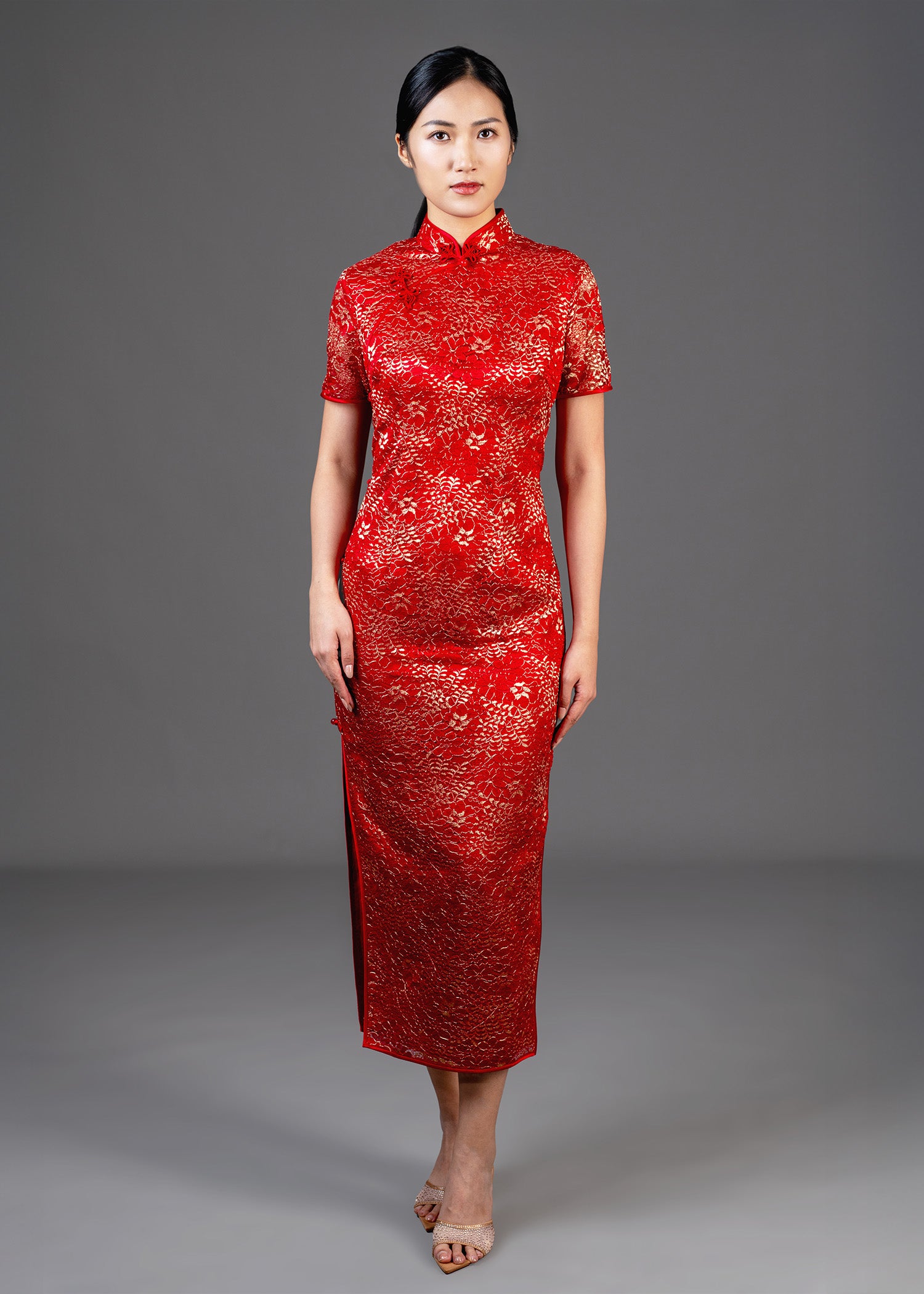 Short Sleeves Bicolor Lace Qipao (Red/Gold) - RTW