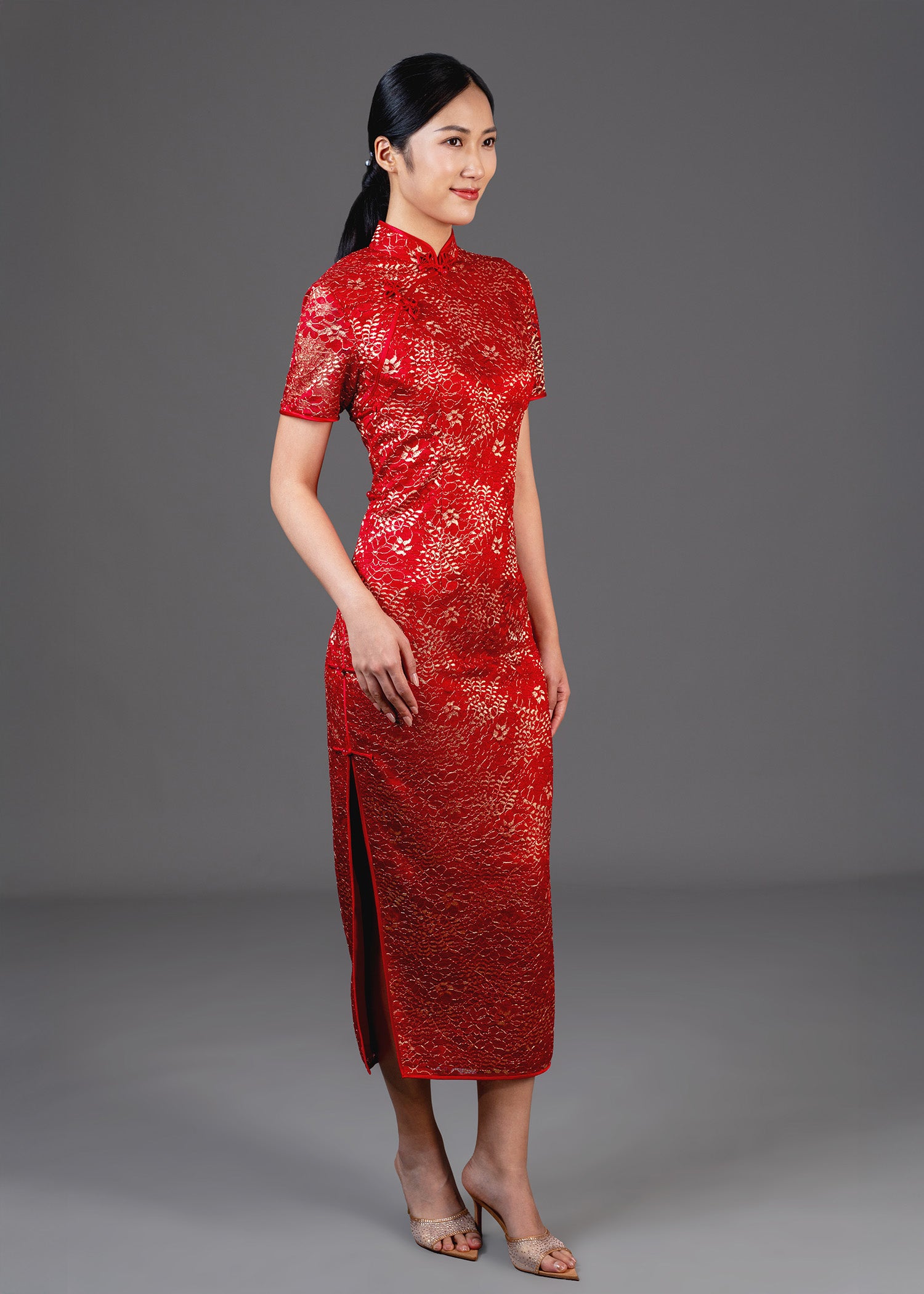 Short Sleeves Bicolor Lace Qipao (Red/Gold) - RTW
