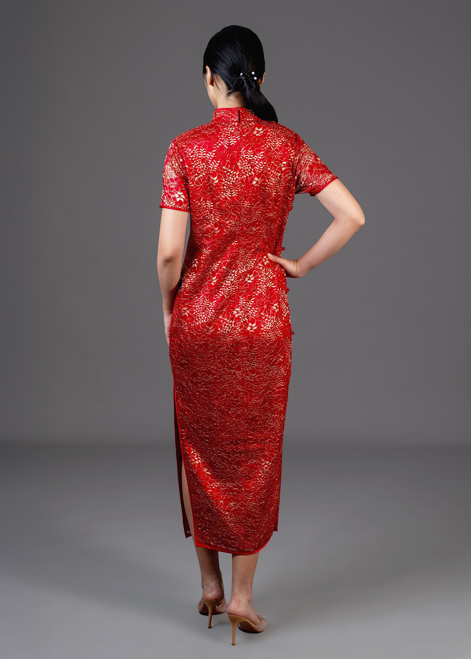 Short Sleeves Bicolor Lace Qipao (Red/Gold) - RTW