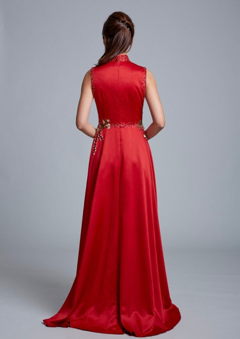 Red Bauhinia A-line Qipao Gown - RTW