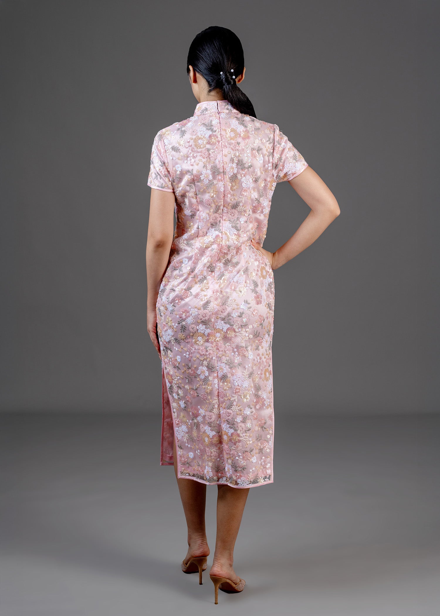 Short Sleeves Lace Qipao (Pink)