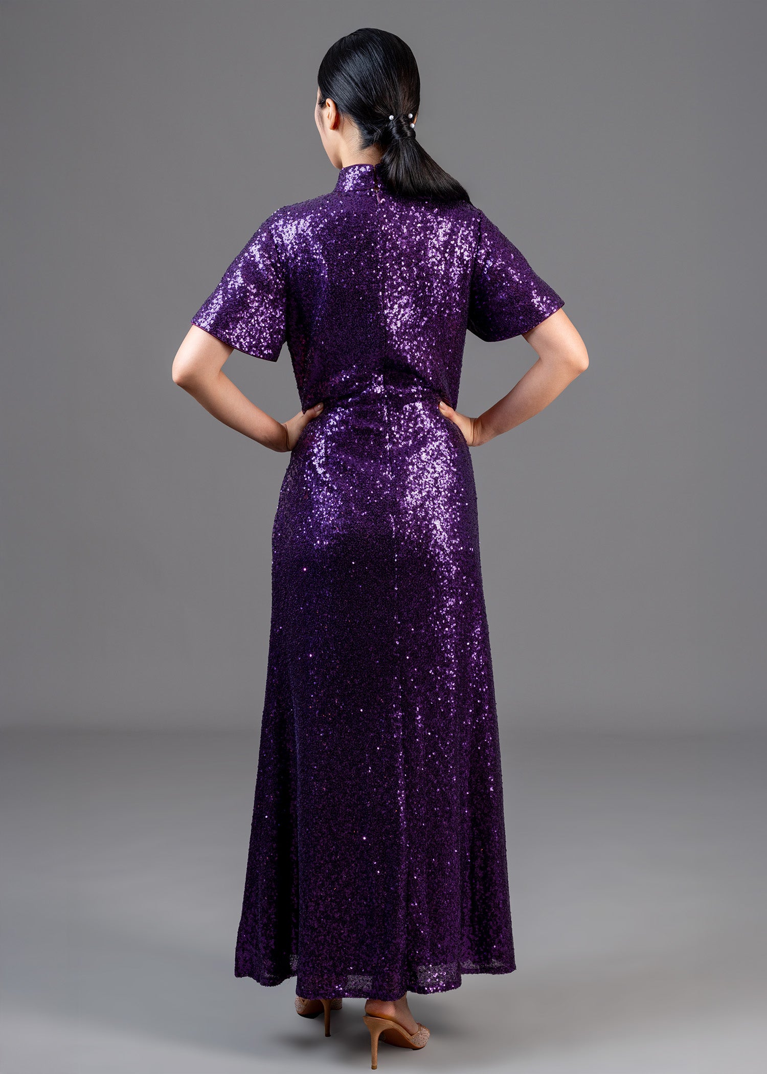 杜鵑花飄袖珠片旗袍