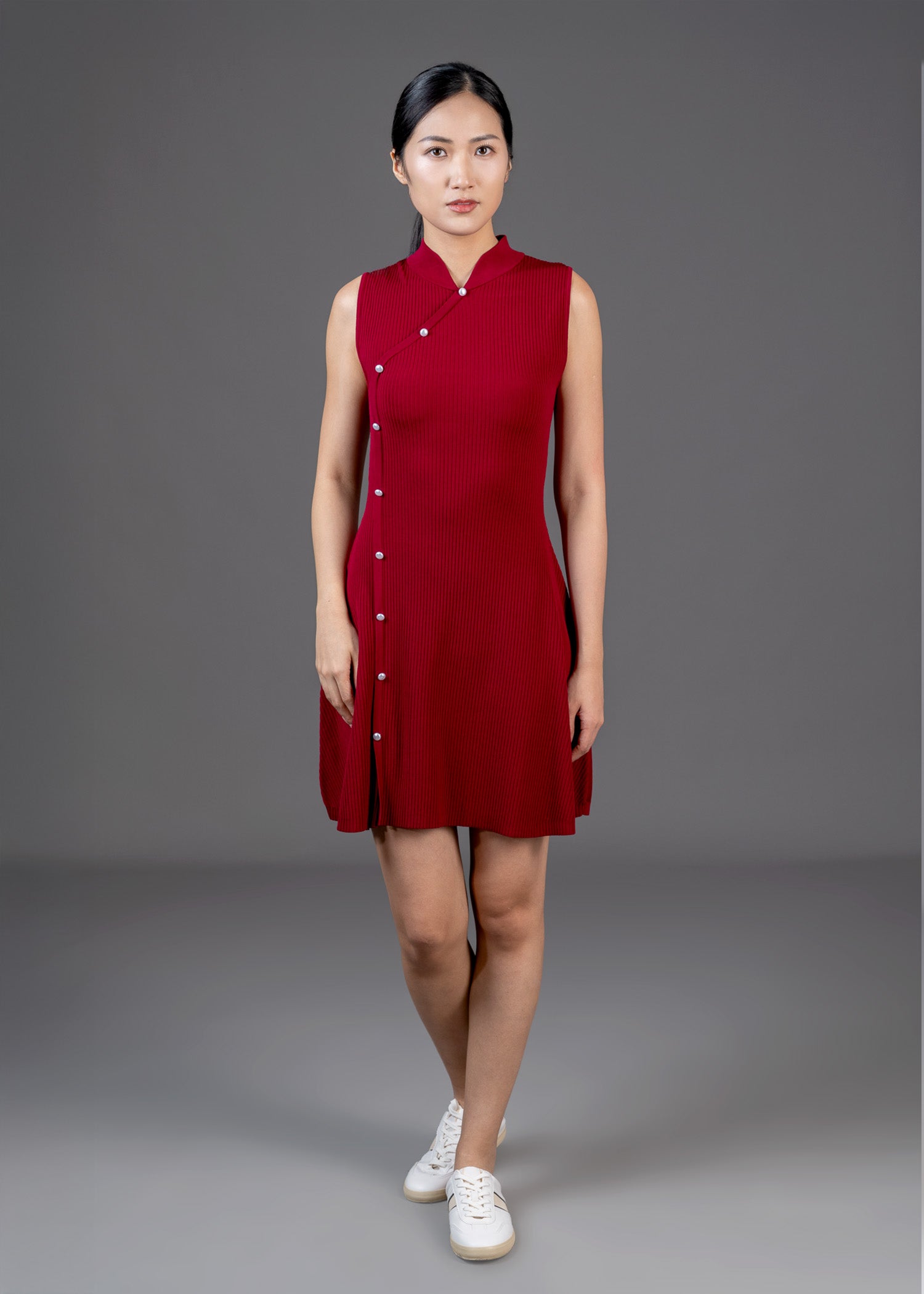 無袖A形迷你旗袍 (酒紅色) 