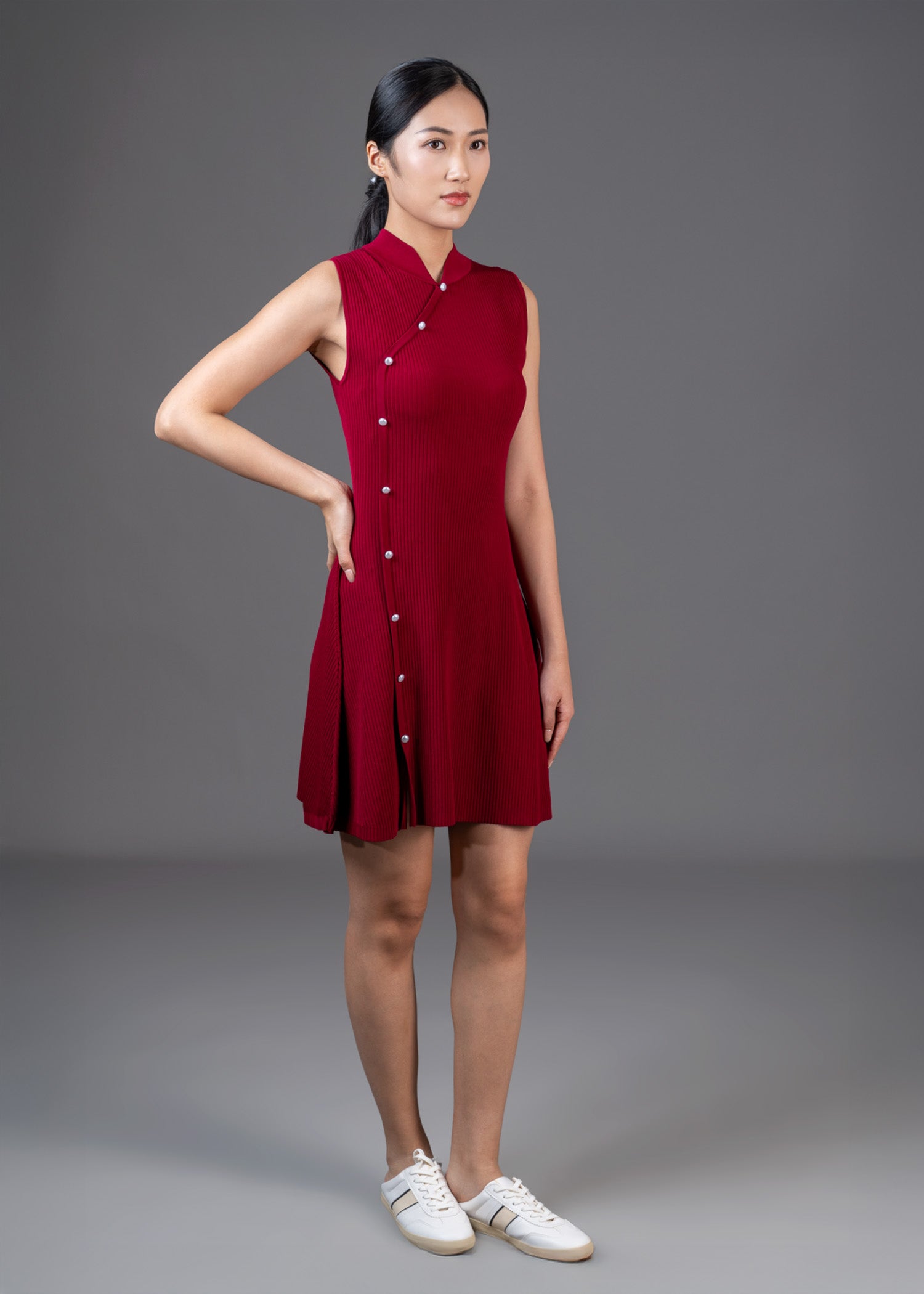 無袖A形迷你旗袍 (酒紅色) 