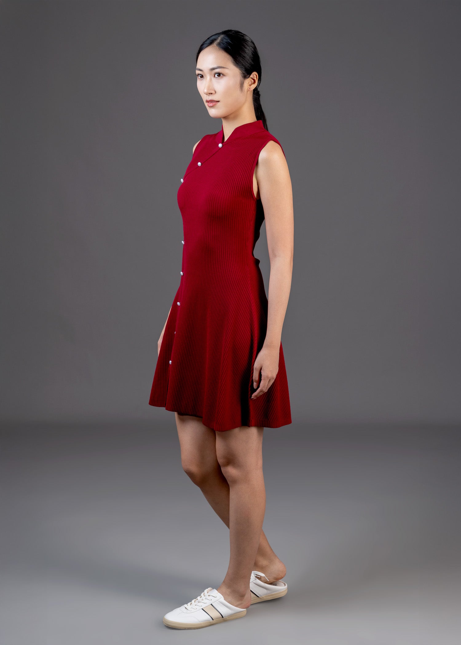 無袖A形迷你旗袍 (酒紅色) 