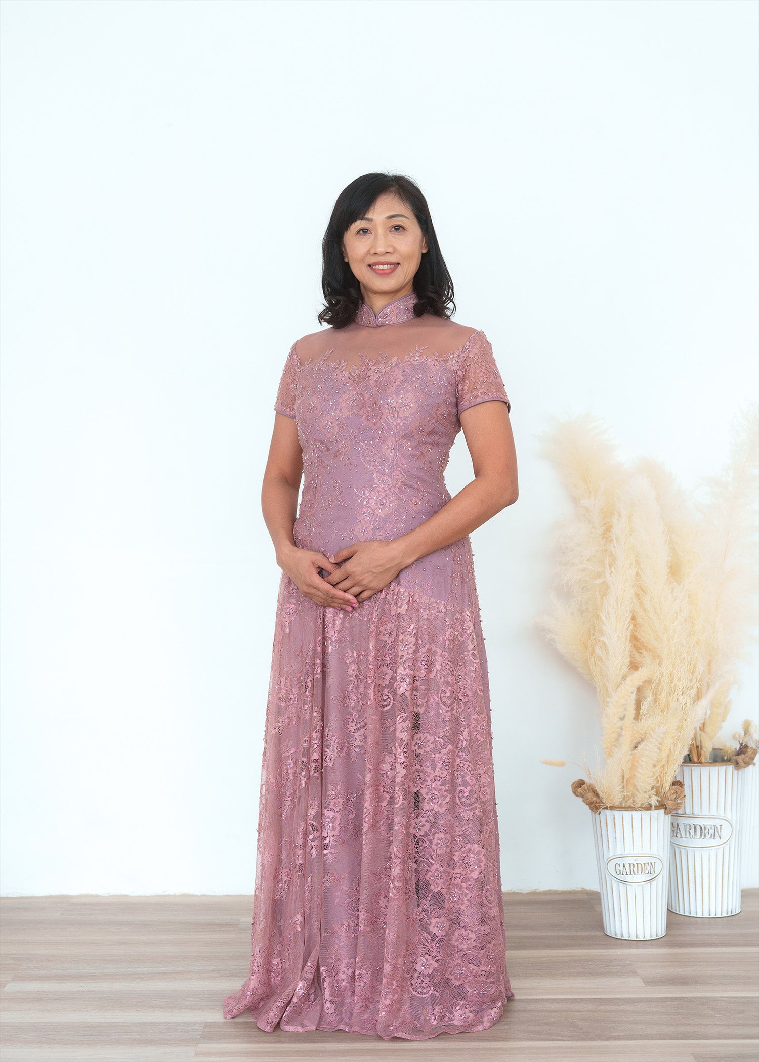 Allover Beaded Lace Qipao (Dusty Pink)