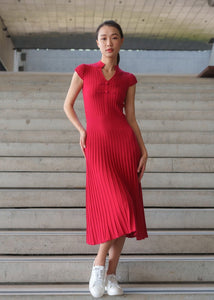 Power Shoulder Ribbed Qipao (Red)