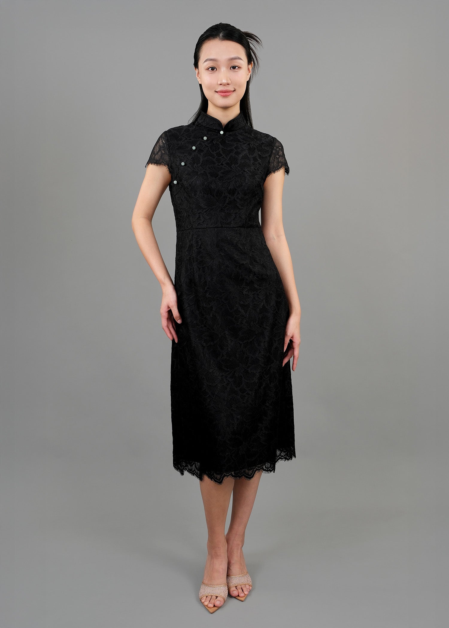 Cap Sleeve A-Line Lace Qipao w Jade Buttons