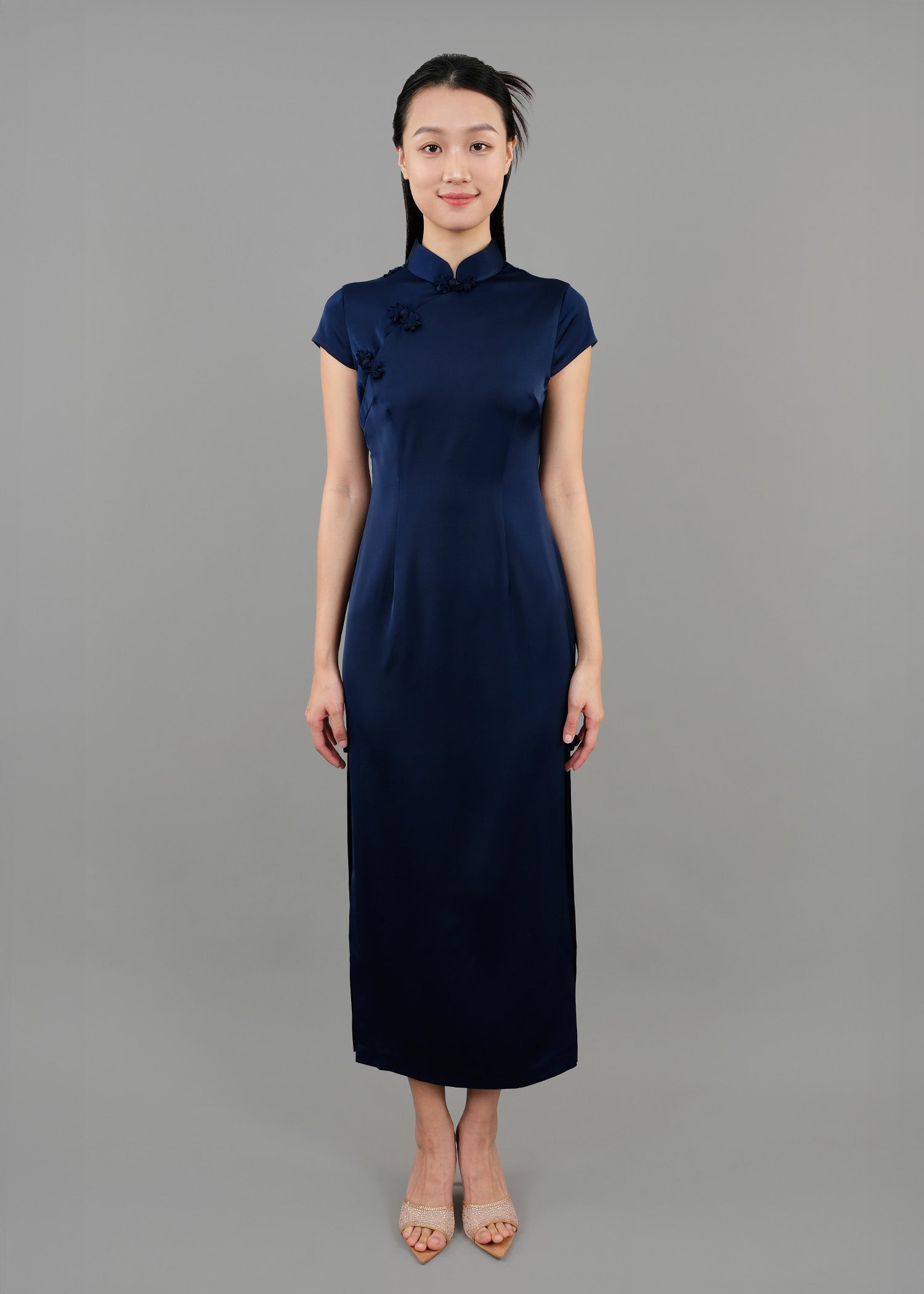 Primrose Cap Sleeve Qipao w Mesh Back (Dark Blue)