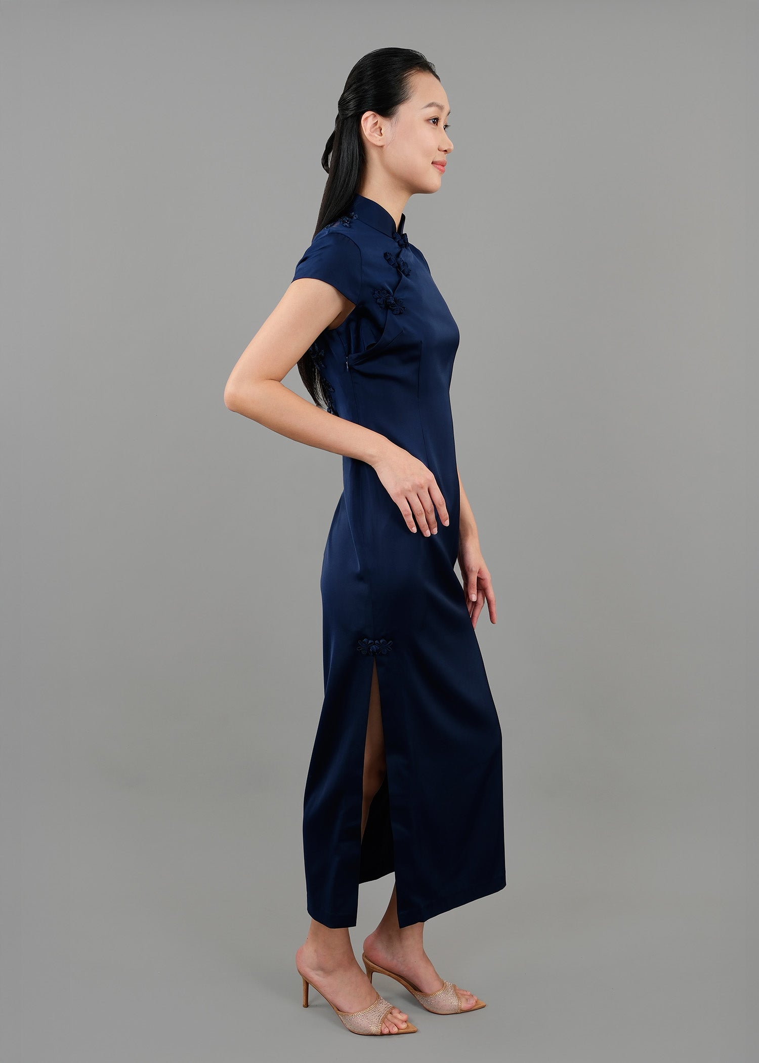Primrose Cap Sleeve Qipao w Mesh Back (Dark Blue)