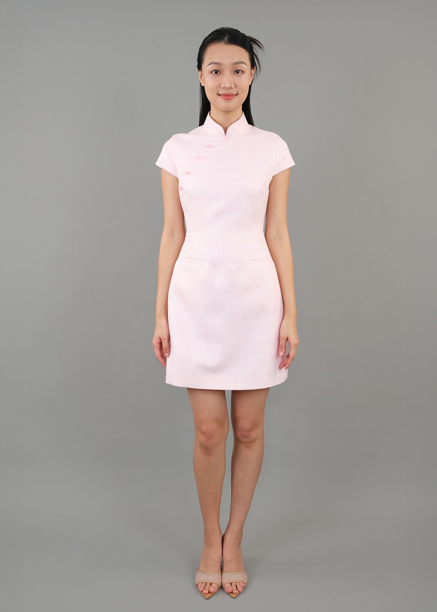 Cap Sleeve Tweed Mini Qipao (Baby Pink)