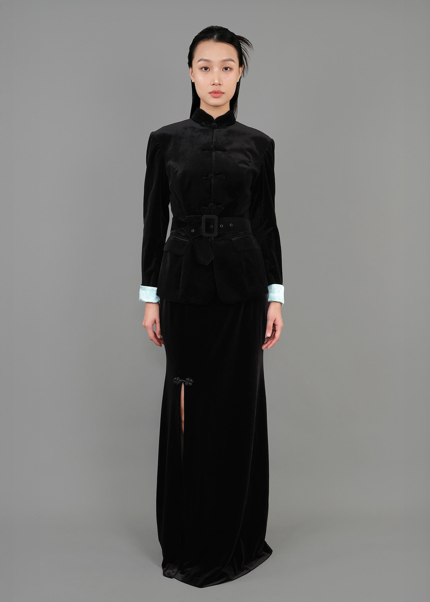 Fitted Velvet Tang Jacket w Belt (Black/ Light Blue)